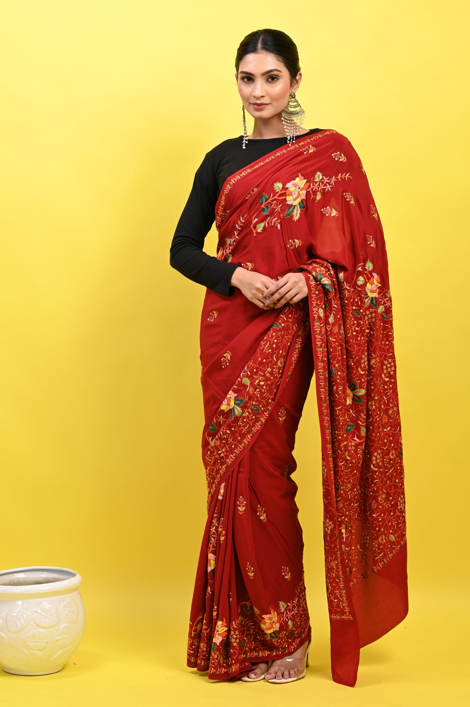 Pure Crepe Chinon Silk Sozni Work Hand Embroidered Kashmiri Saree