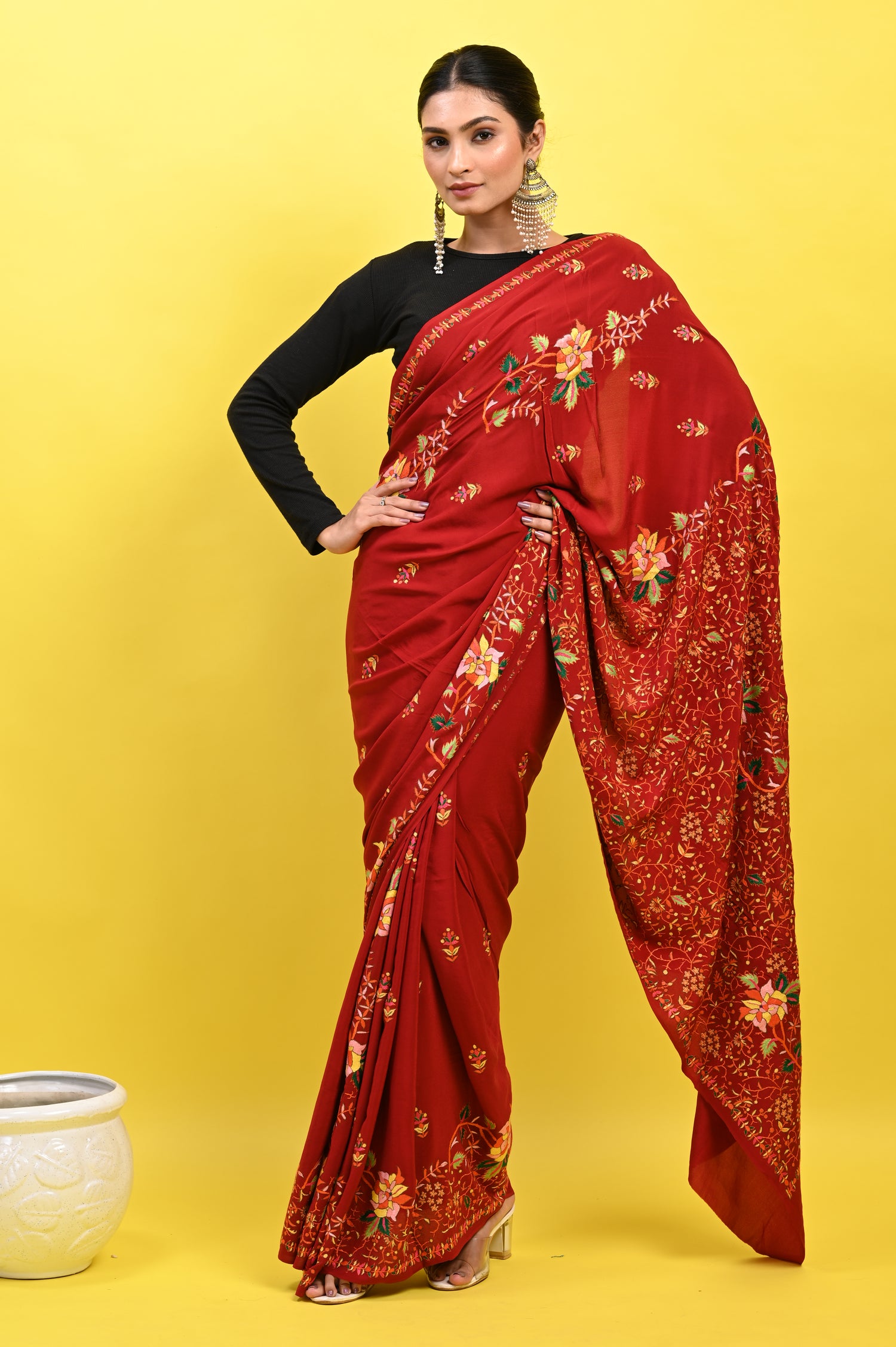 Pure Crepe Chinon Silk Sozni Work Hand Embroidered Kashmiri Saree