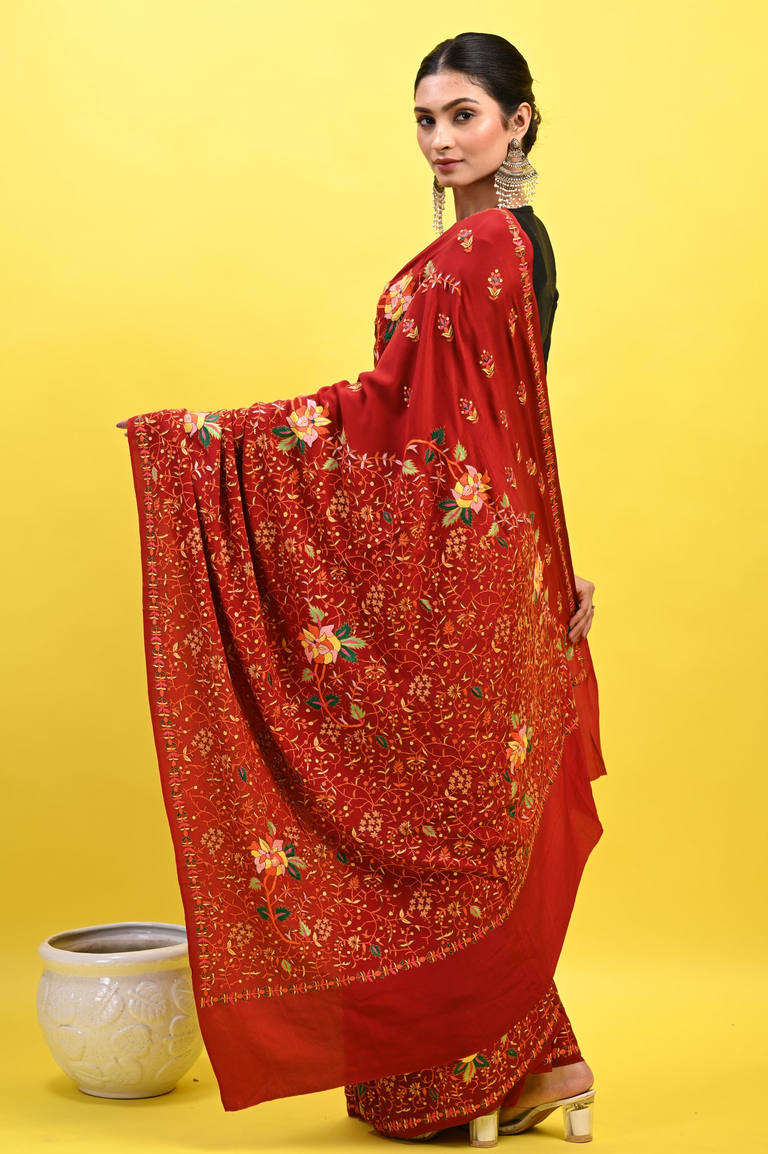 Pure Crepe Chinon Silk Sozni Work Hand Embroidered Kashmiri Saree