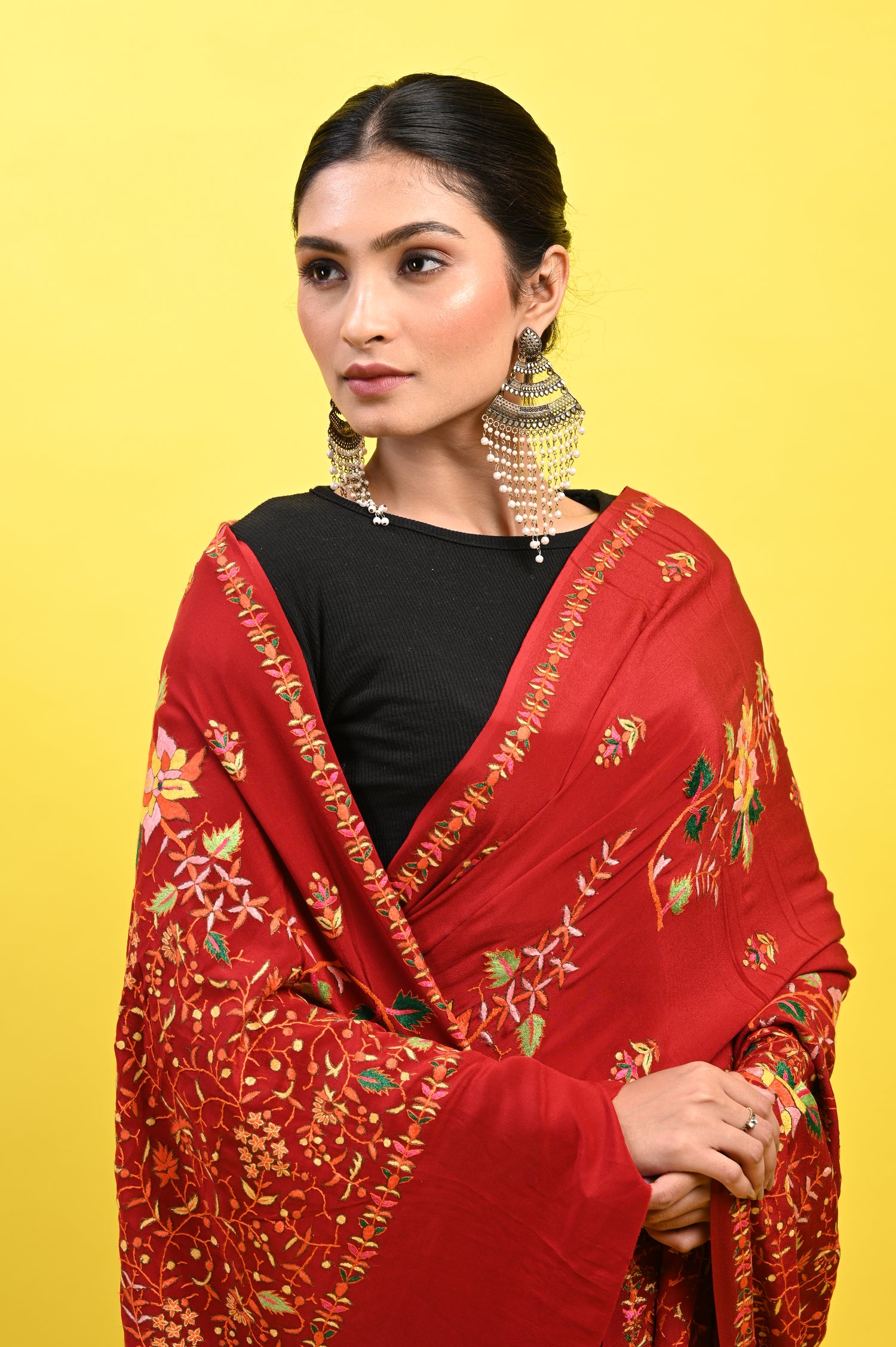 Pure Crepe Chinon Silk Sozni Work Hand Embroidered Kashmiri Saree