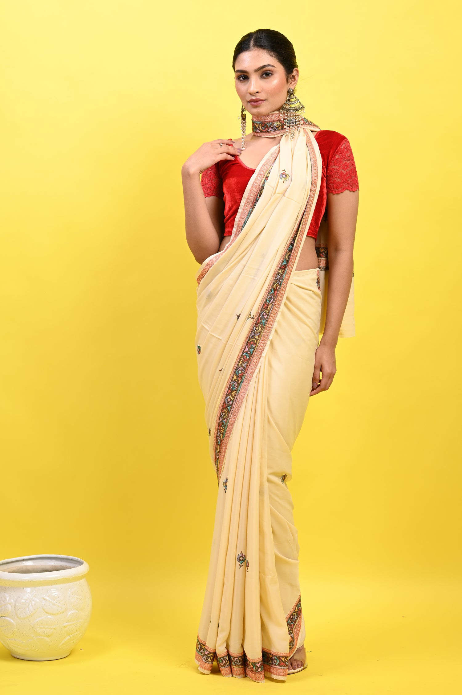 Pure Crepe Chinon Silk Sozni Work Kashmiri Saree