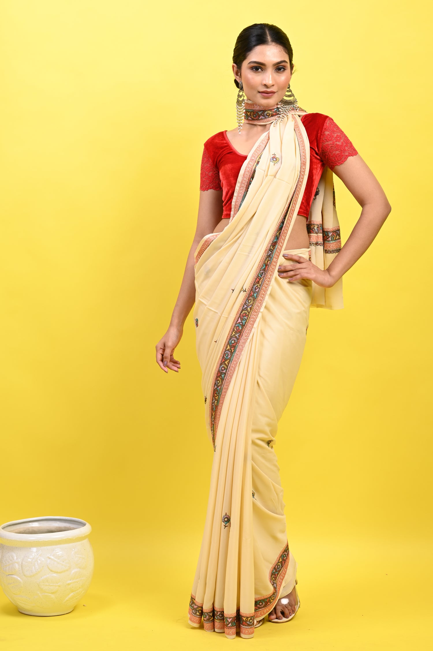 Pure Crepe Chinon Silk Sozni Work Kashmiri Saree