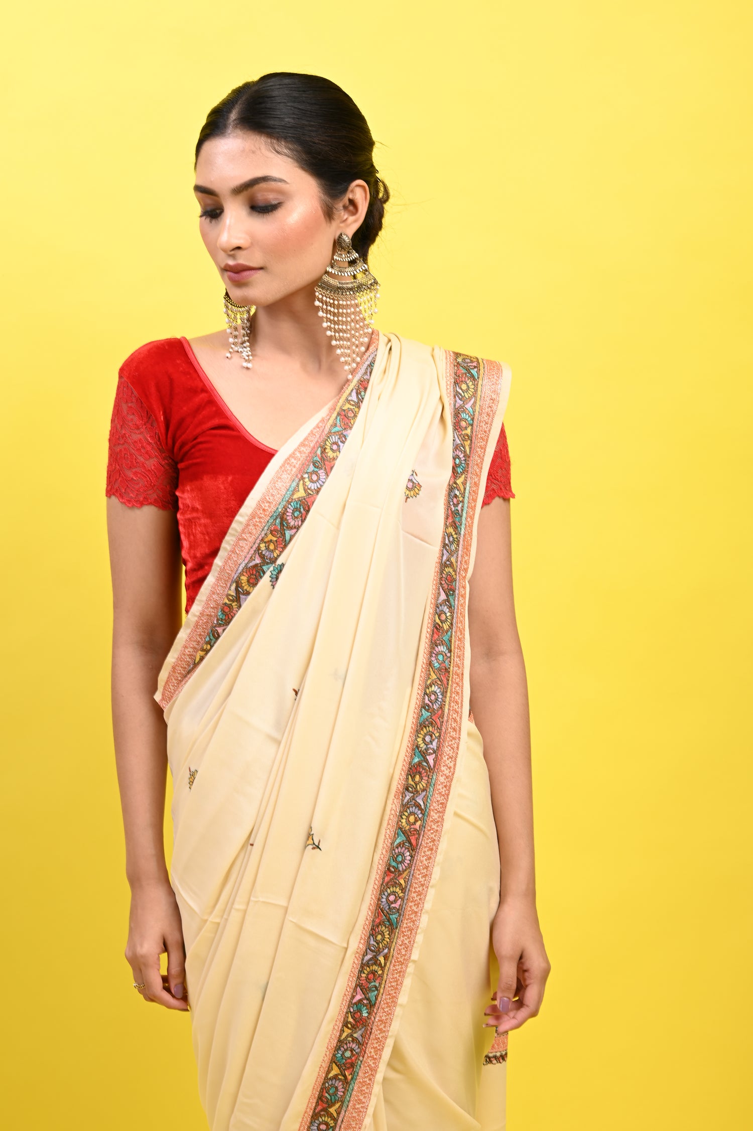 Pure Crepe Chinon Silk Sozni Work Kashmiri Saree