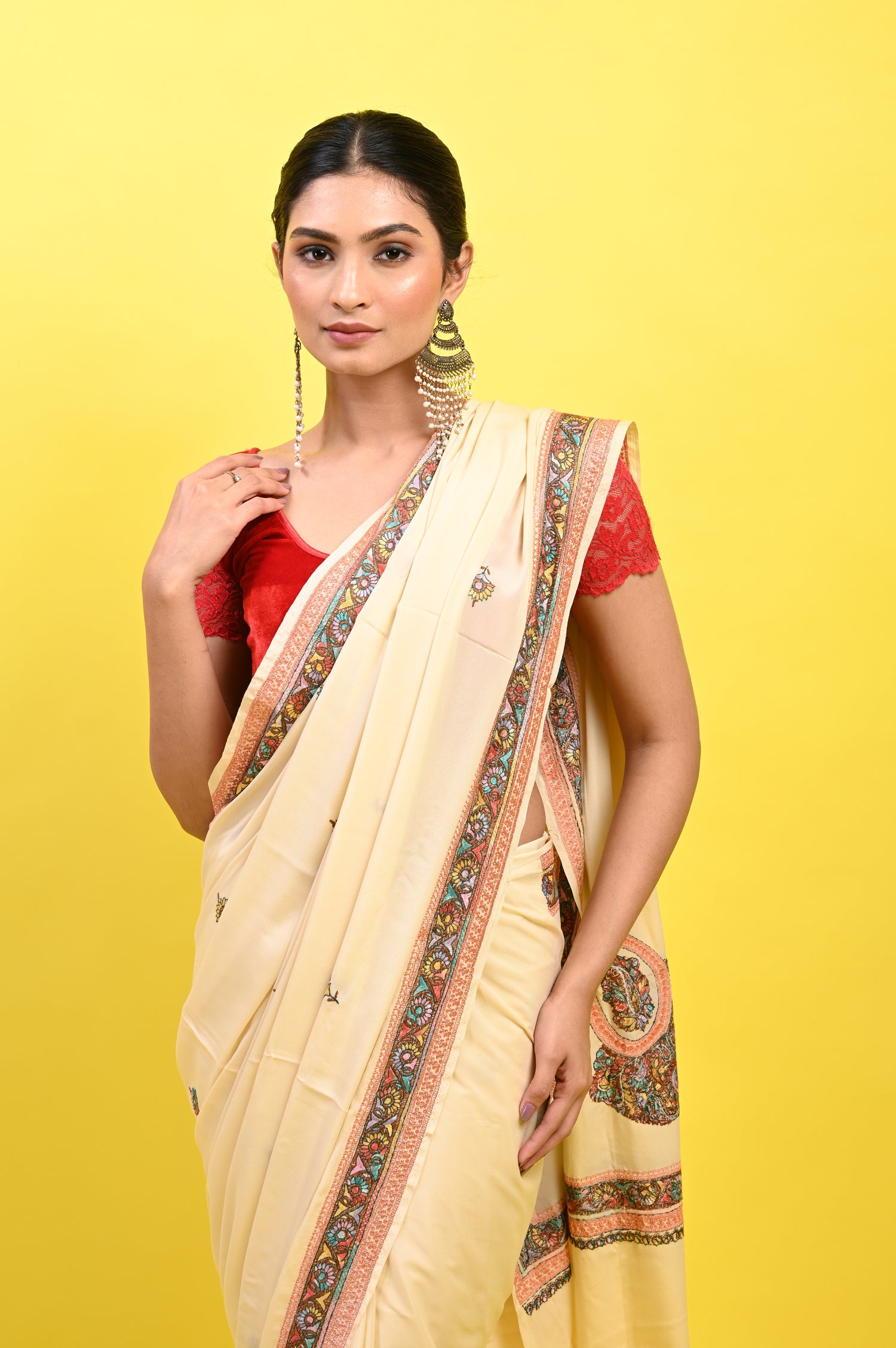 Pure Crepe Chinon Silk Sozni Work Kashmiri Saree