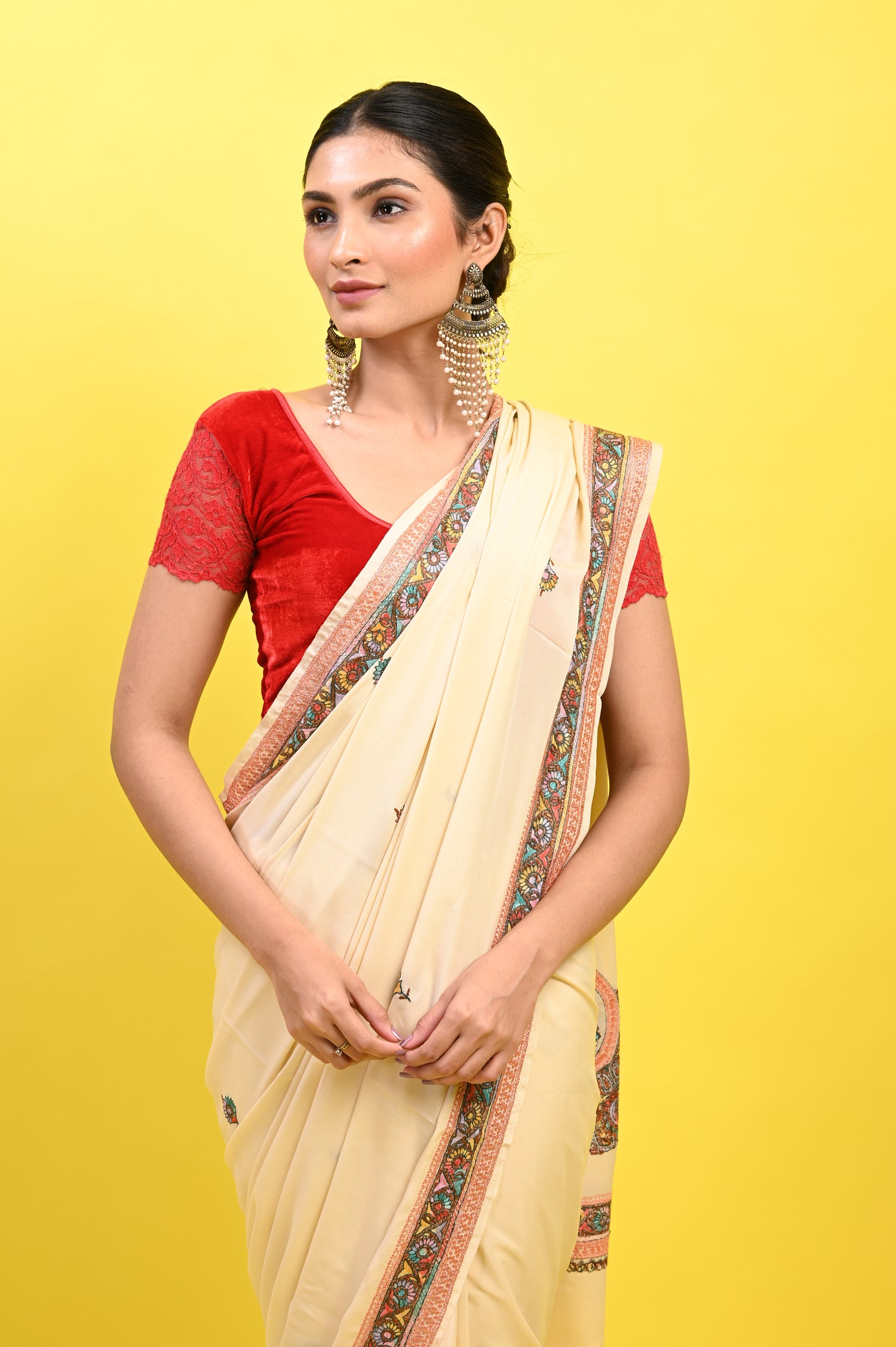 Pure Crepe Chinon Silk Sozni Work Kashmiri Saree