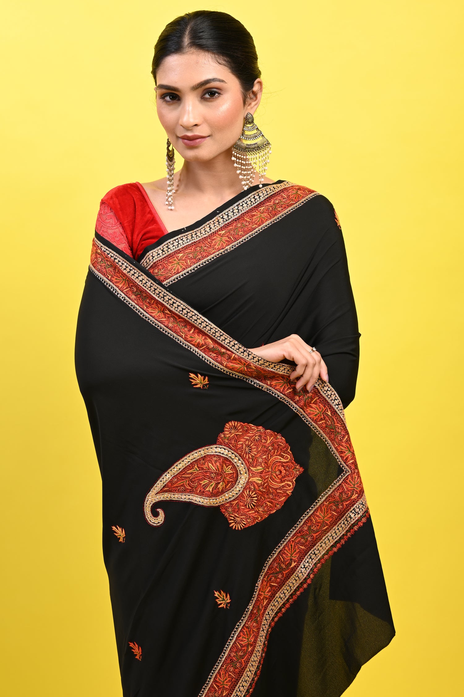 Pure Crepe Chinon Silk Sozni Work Kashmiri Saree