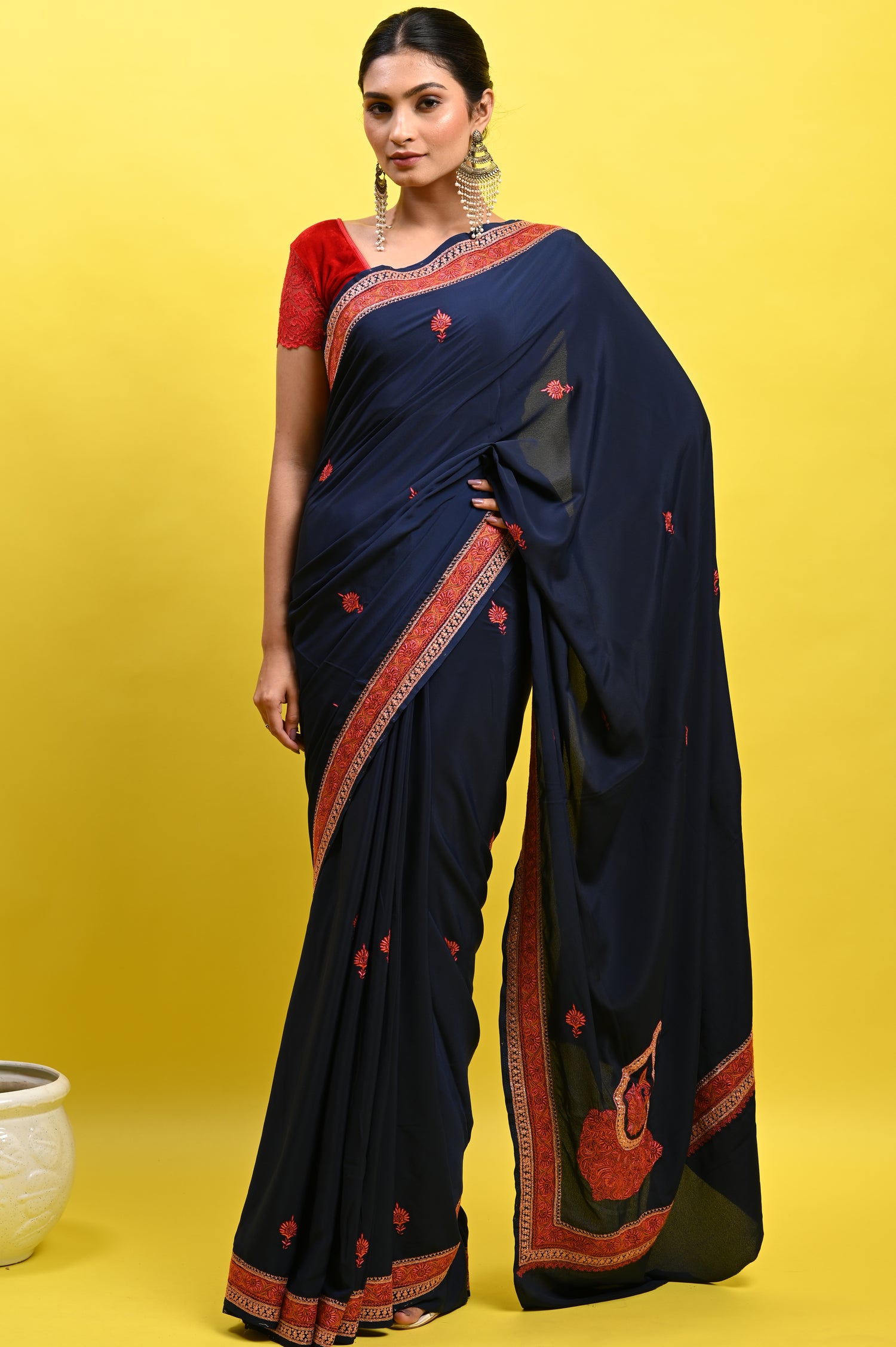 Pure Crepe Chinon Silk Sozni Work Kashmiri Saree