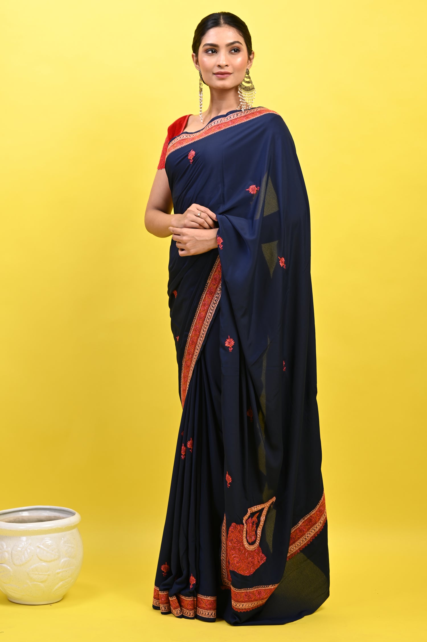 Pure Crepe Chinon Silk Sozni Work Kashmiri Saree