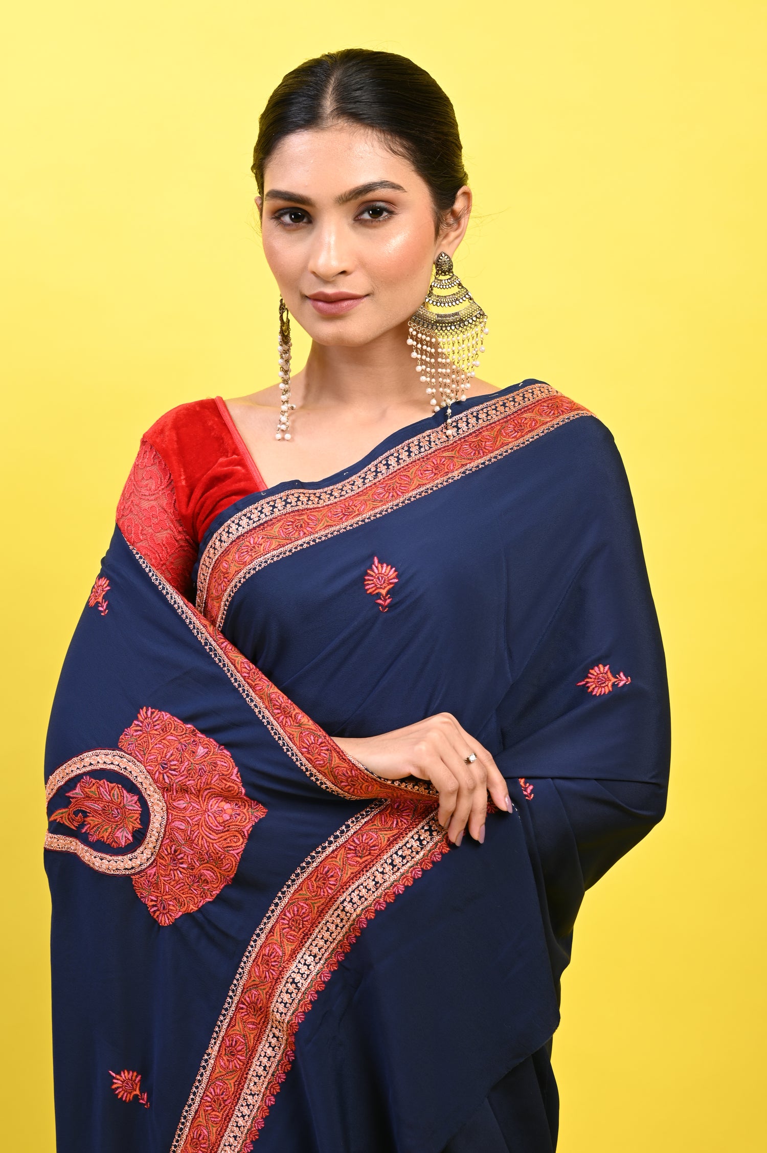 Pure Crepe Chinon Silk Sozni Work Kashmiri Saree