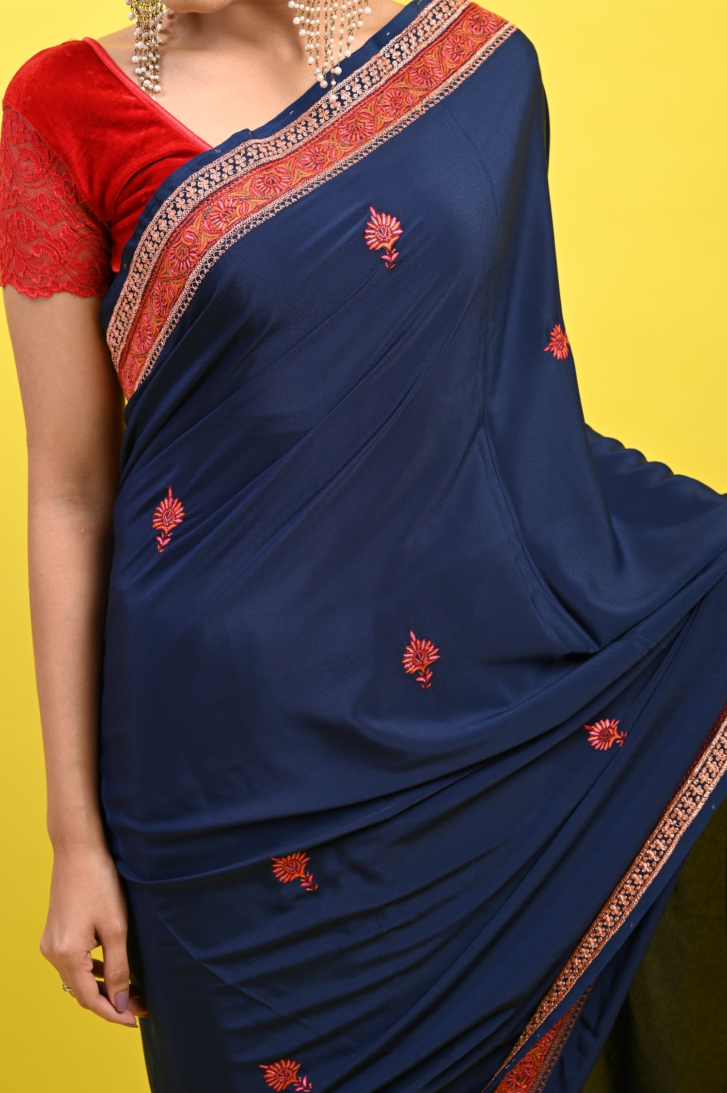 Pure Crepe Chinon Silk Sozni Work Kashmiri Saree