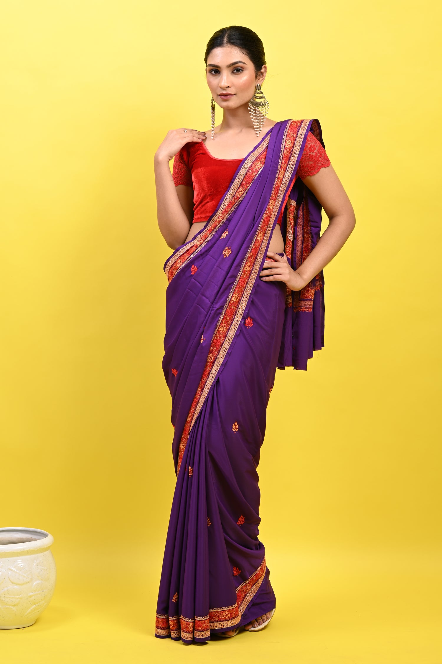 Pure Crepe Chinon Silk Sozni Work Kashmiri Saree