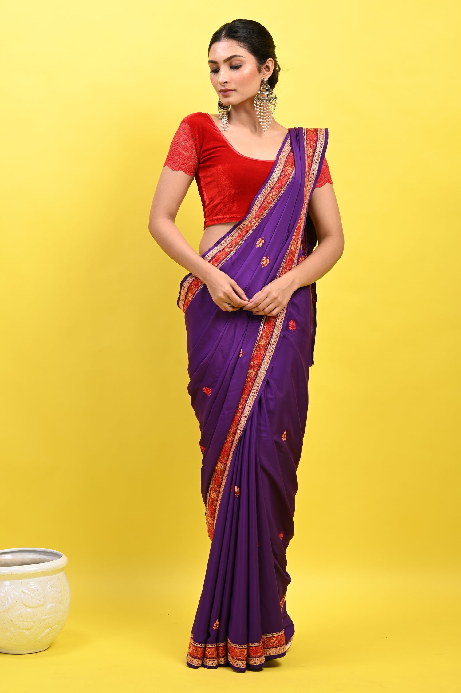 Pure Crepe Chinon Silk Sozni Work Kashmiri Saree