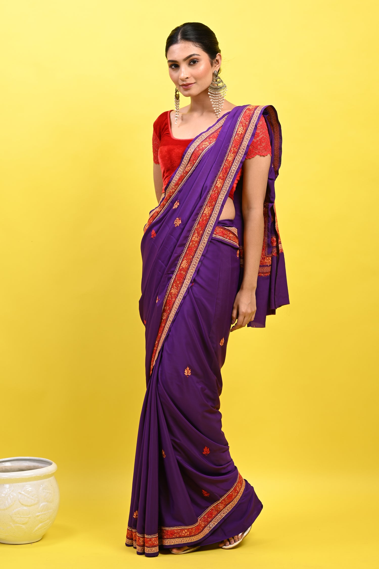 Pure Crepe Chinon Silk Sozni Work Kashmiri Saree