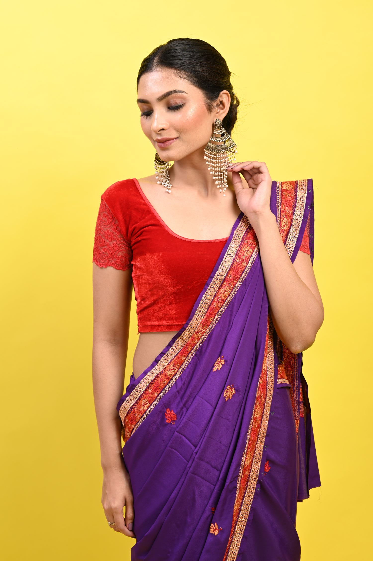 Pure Crepe Chinon Silk Sozni Work Kashmiri Saree