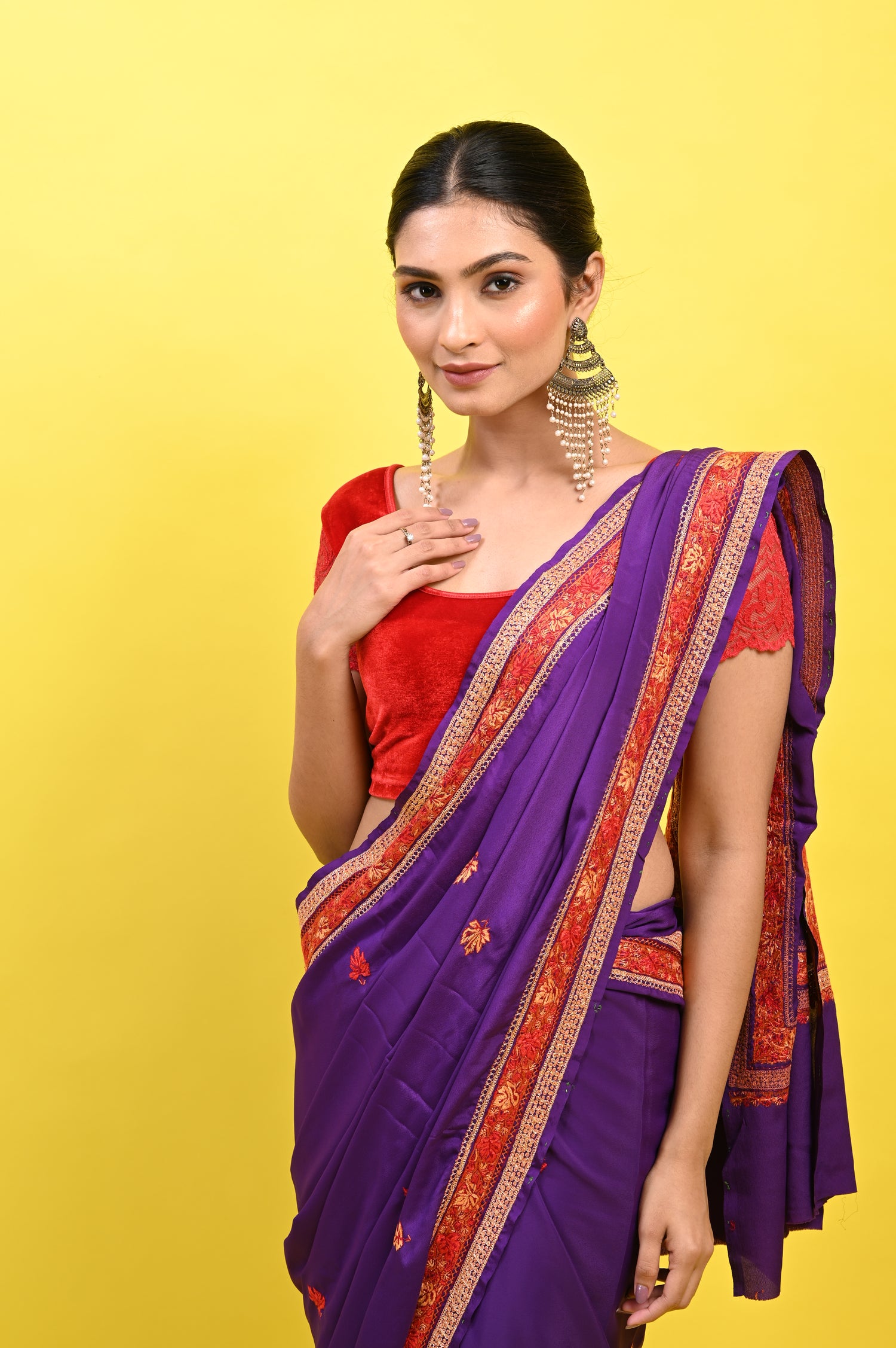 Pure Crepe Chinon Silk Sozni Work Kashmiri Saree