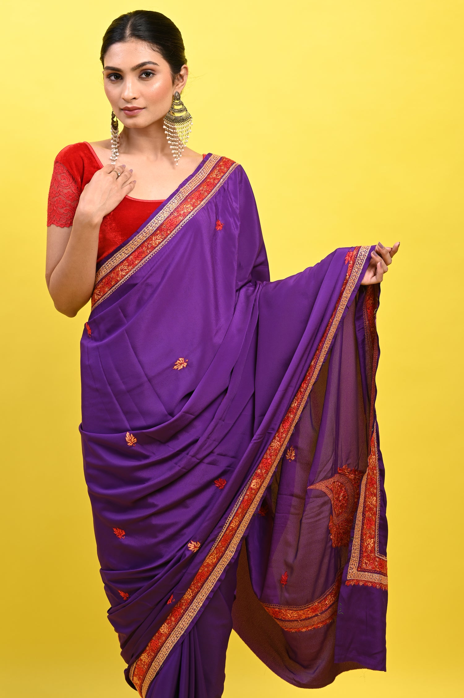 Pure Crepe Chinon Silk Sozni Work Kashmiri Saree
