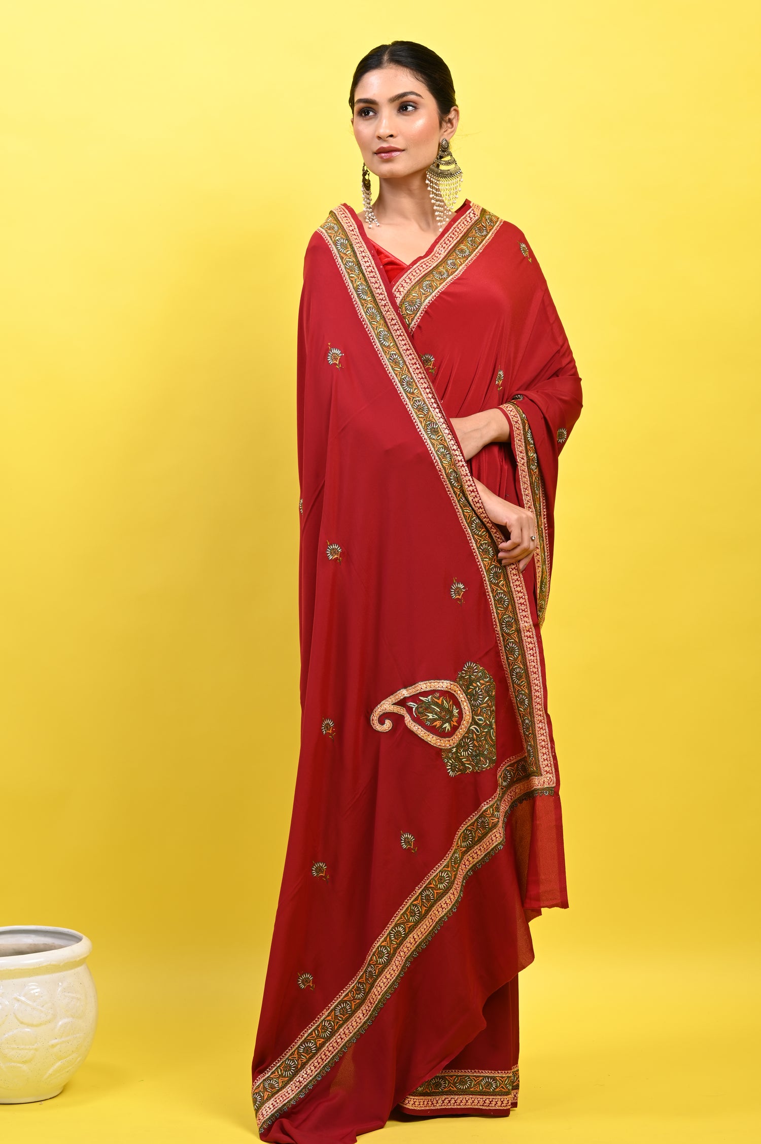 Pure Crepe Chinon Silk Sozni Work Kashmiri Saree