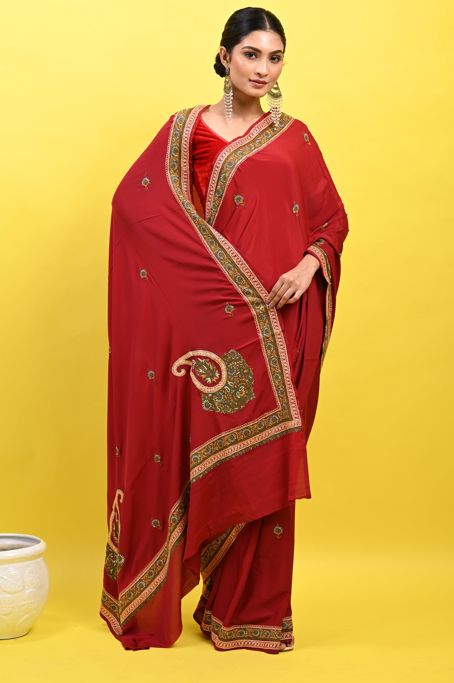 Pure Crepe Chinon Silk Sozni Work Kashmiri Saree