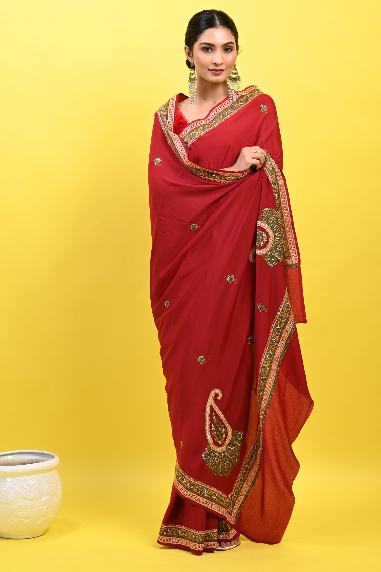 Pure Crepe Chinon Silk Sozni Work Kashmiri Saree