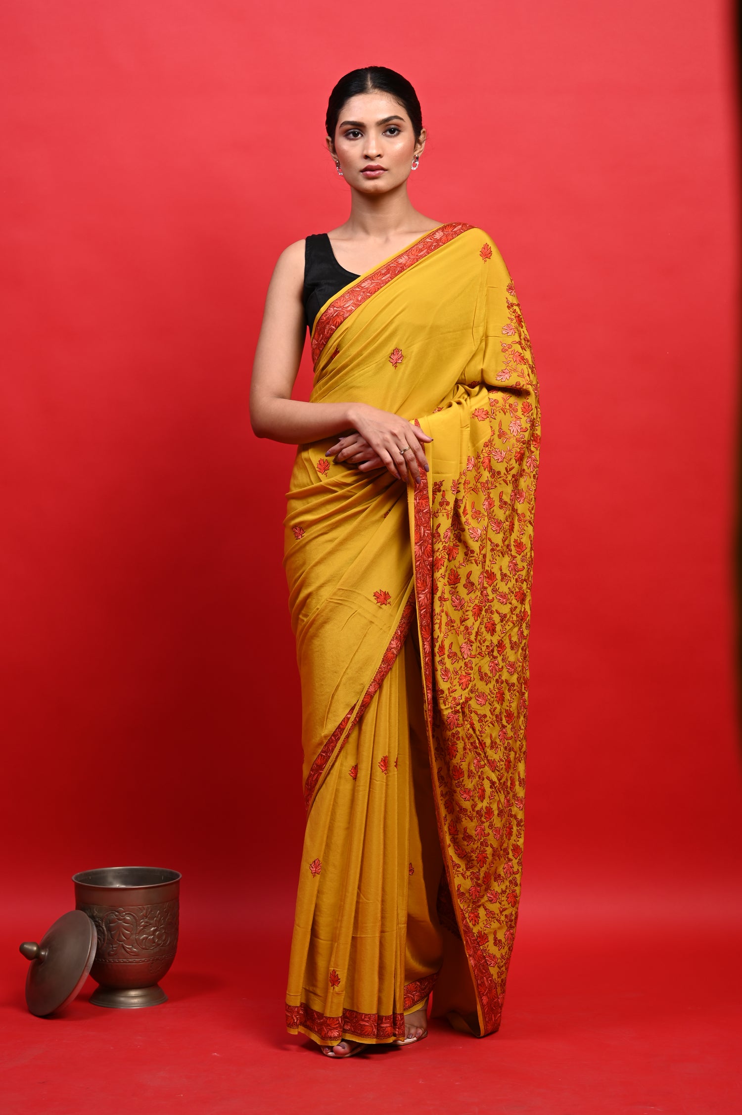 Pure Crepe Chinon Silk Sozni Work Hand Embroidered Kashmiri Saree