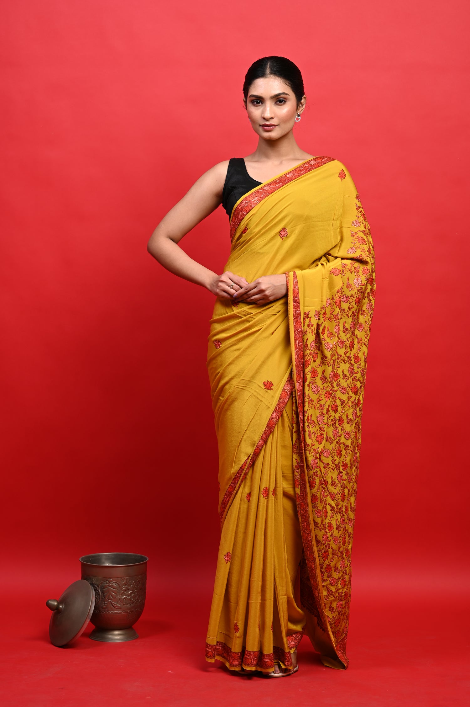 Pure Crepe Chinon Silk Sozni Work Hand Embroidered Kashmiri Saree