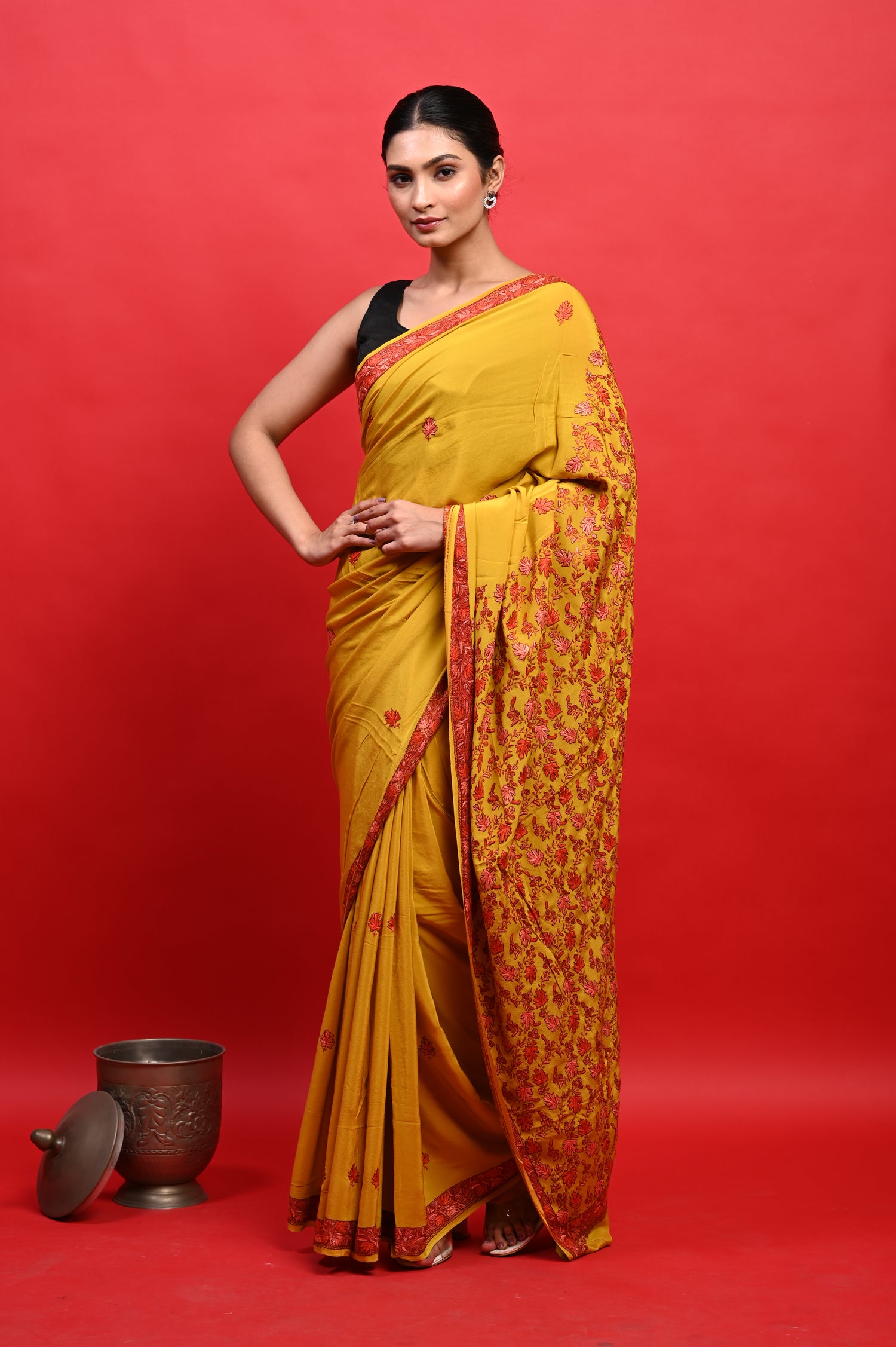 Pure Crepe Chinon Silk Sozni Work Hand Embroidered Kashmiri Saree