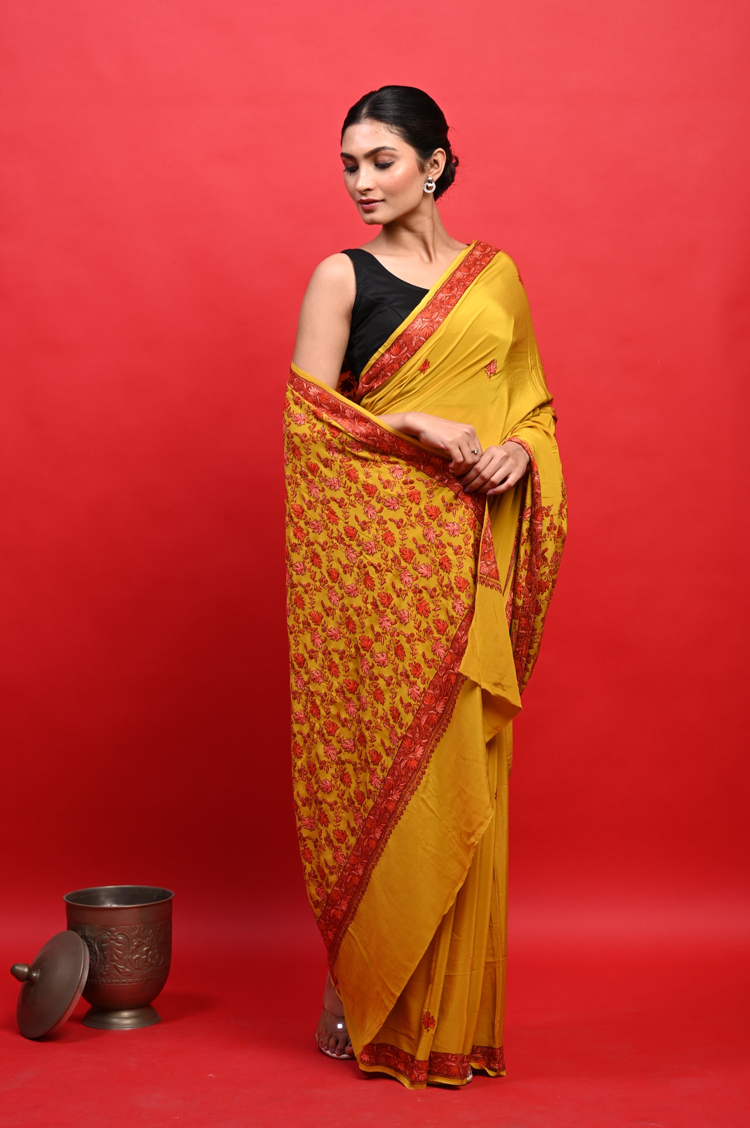 Pure Crepe Chinon Silk Sozni Work Hand Embroidered Kashmiri Saree