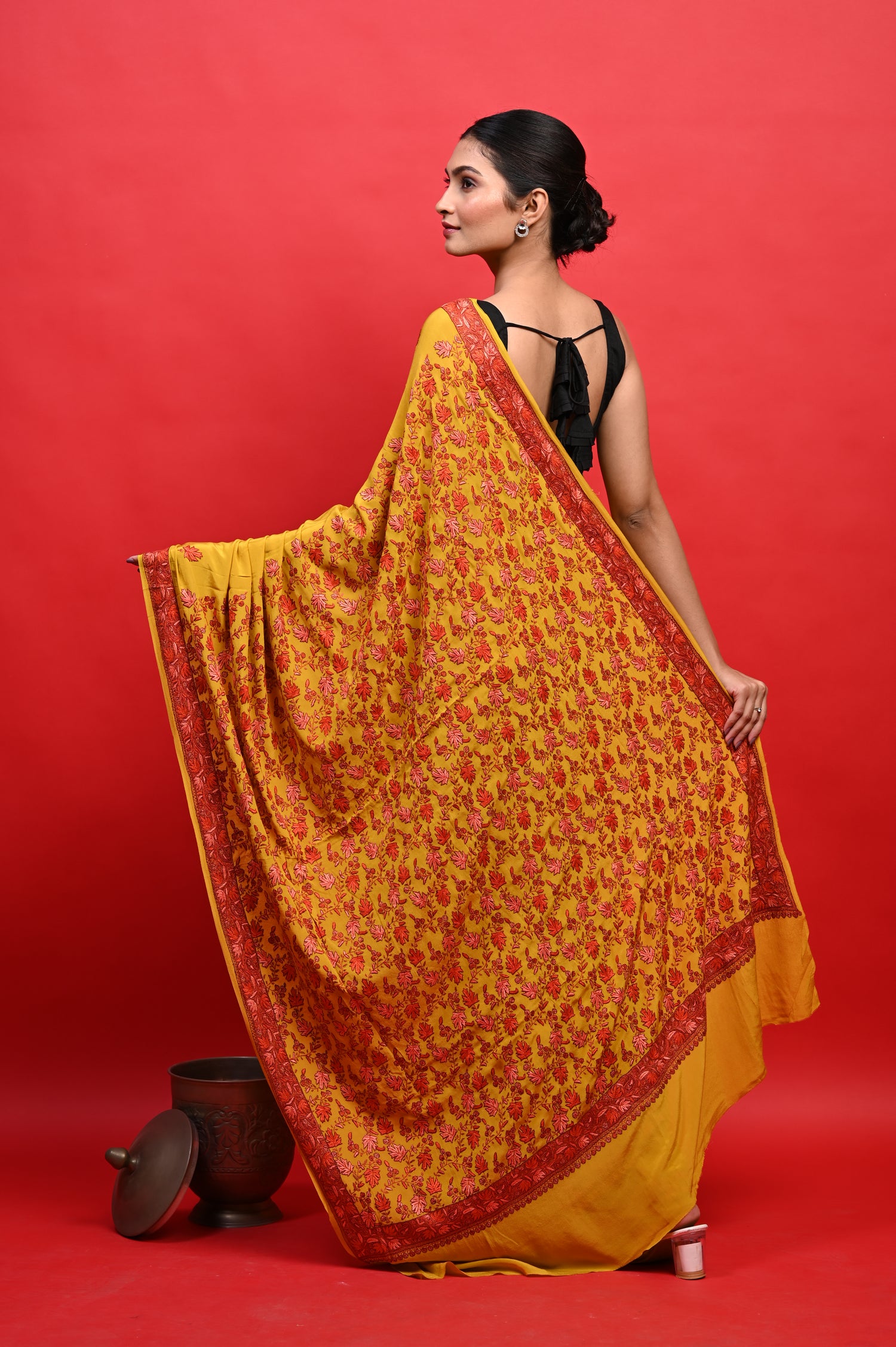 Pure Crepe Chinon Silk Sozni Work Hand Embroidered Kashmiri Saree