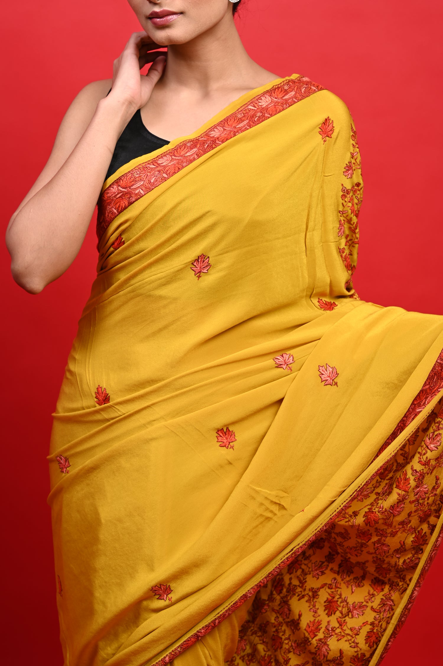 Pure Crepe Chinon Silk Sozni Work Hand Embroidered Kashmiri Saree