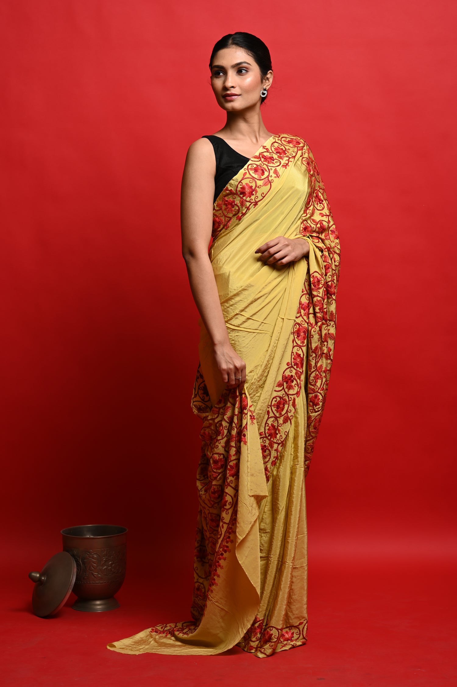Pure Crepe Chinon Silk Aari Embriodery Kashmiri Saree