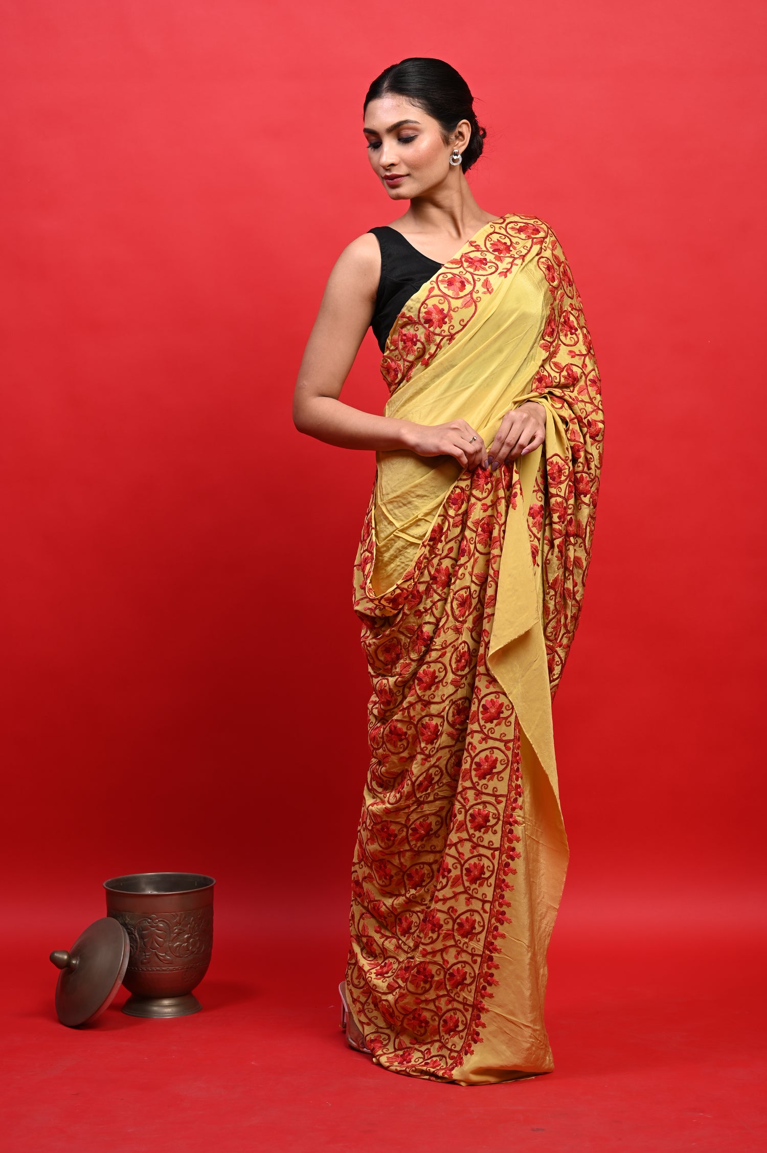 Pure Crepe Chinon Silk Aari Embriodery Kashmiri Saree