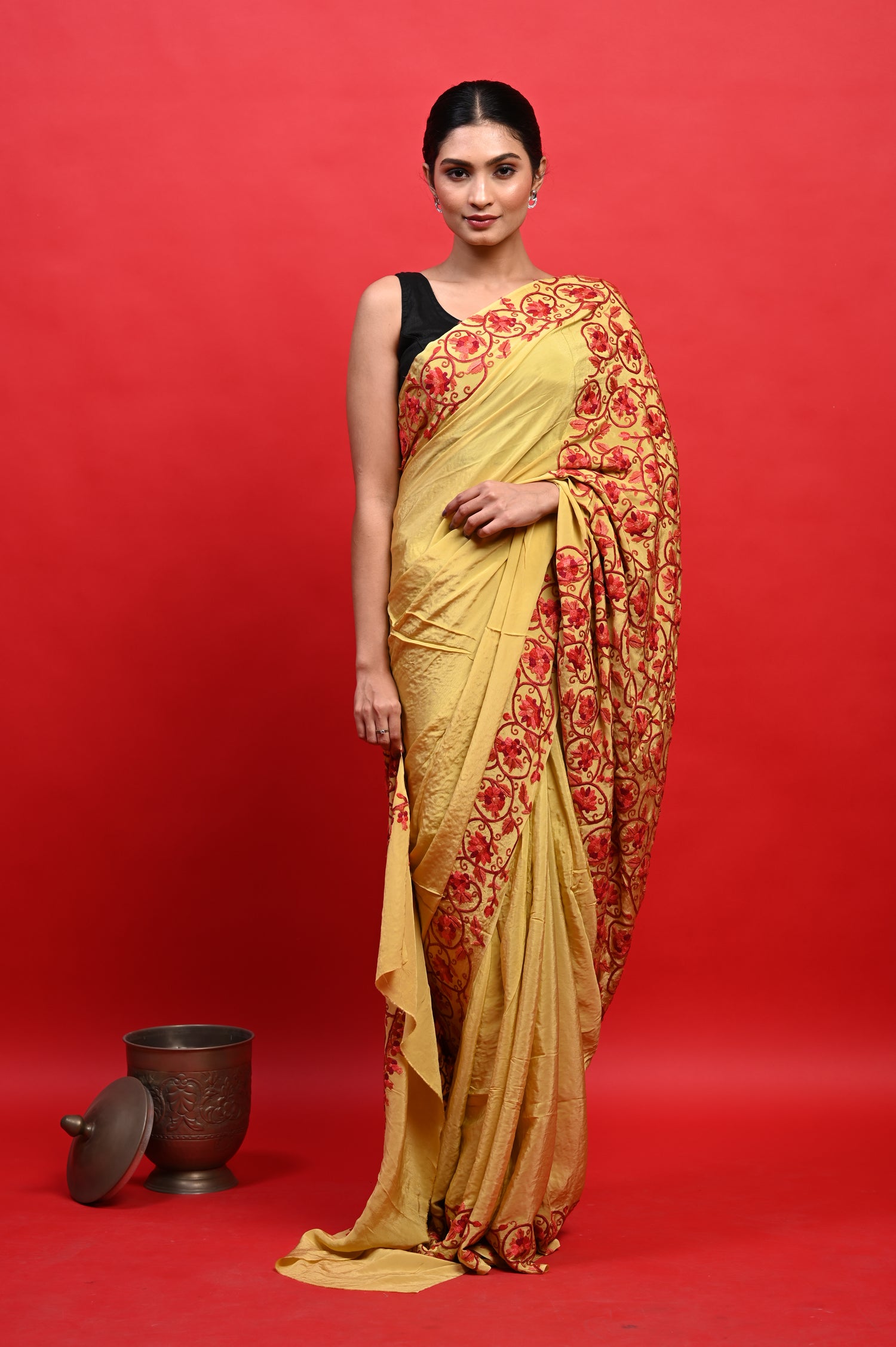 Pure Crepe Chinon Silk Aari Embriodery Kashmiri Saree
