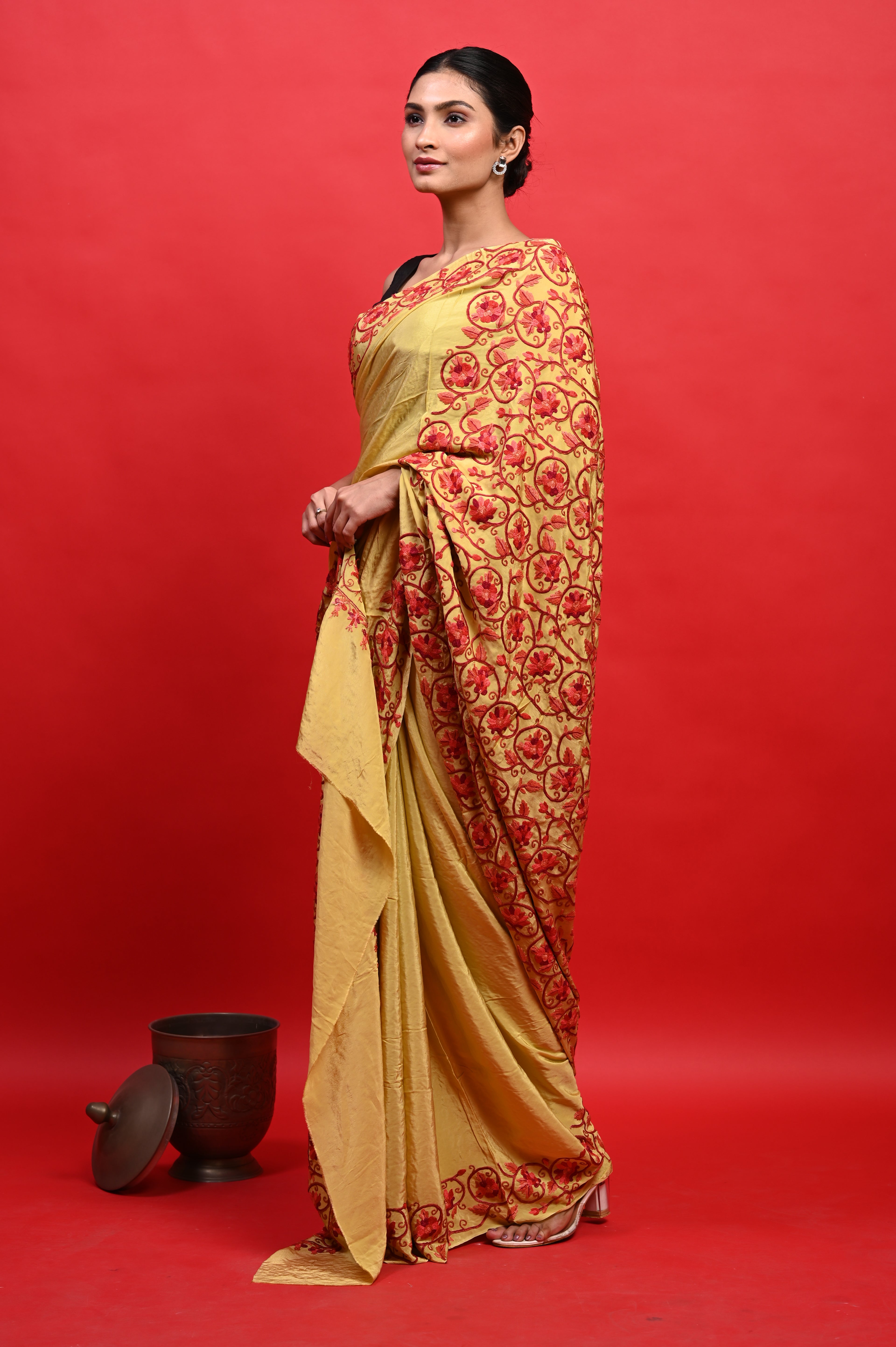 Pure Crepe Chinon Silk Aari Embriodery Kashmiri Saree