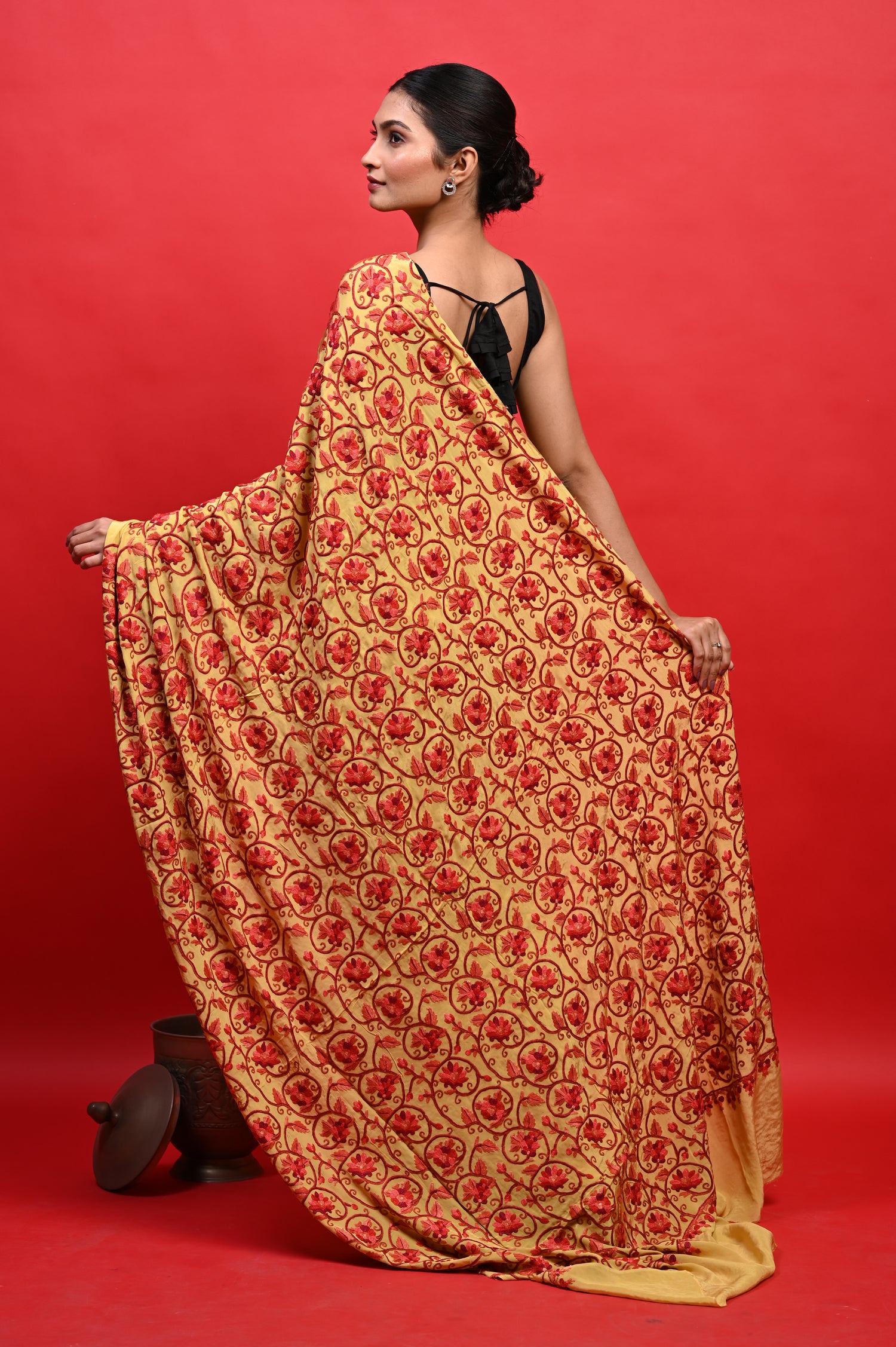 Pure Crepe Chinon Silk Aari Embriodery Kashmiri Saree