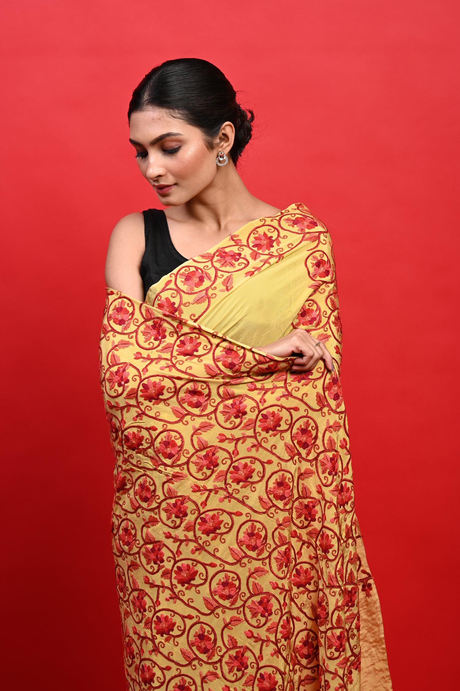 Pure Crepe Chinon Silk Aari Embriodery Kashmiri Saree