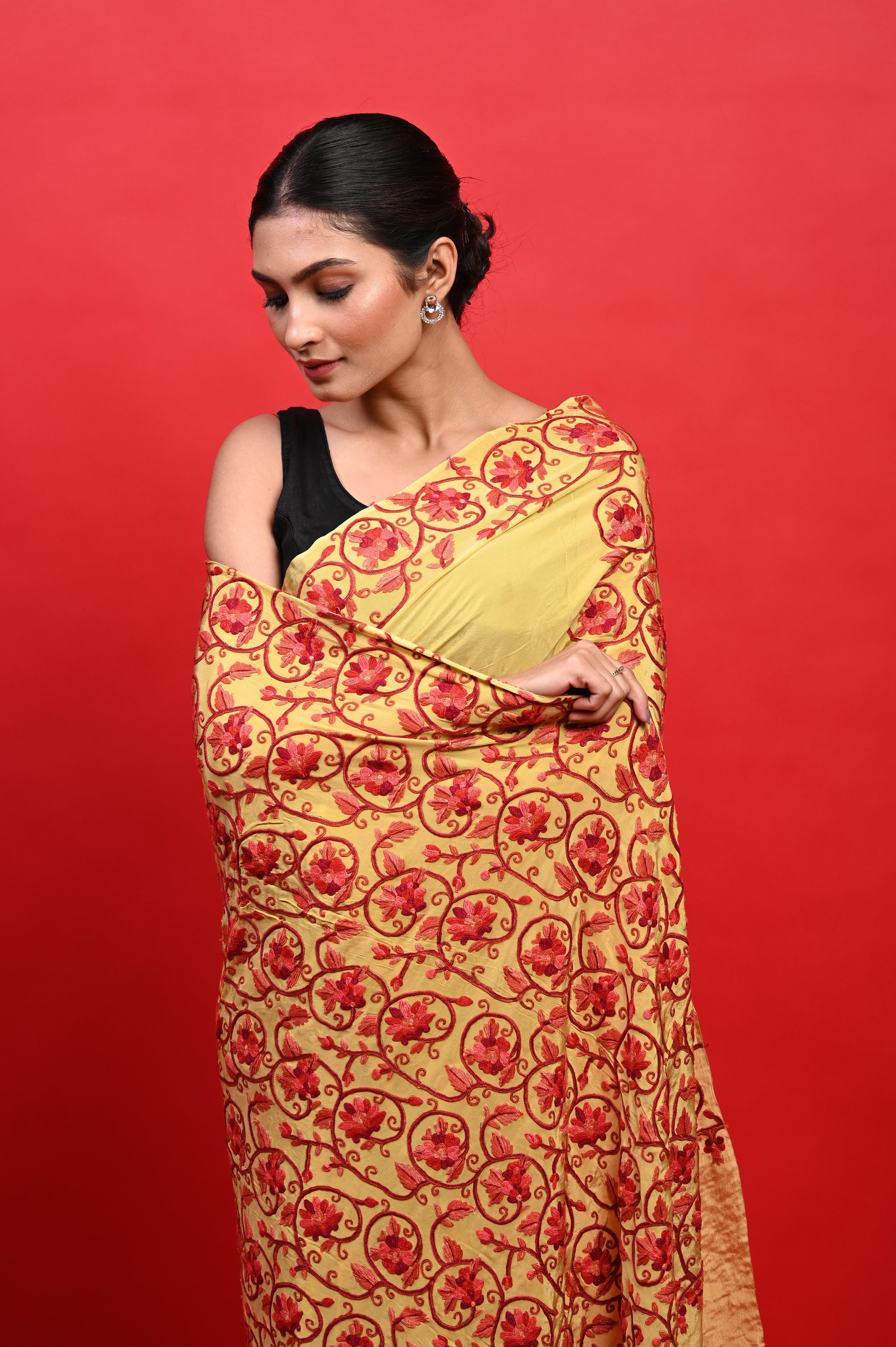 Pure Crepe Chinon Silk Aari Embriodery Kashmiri Saree