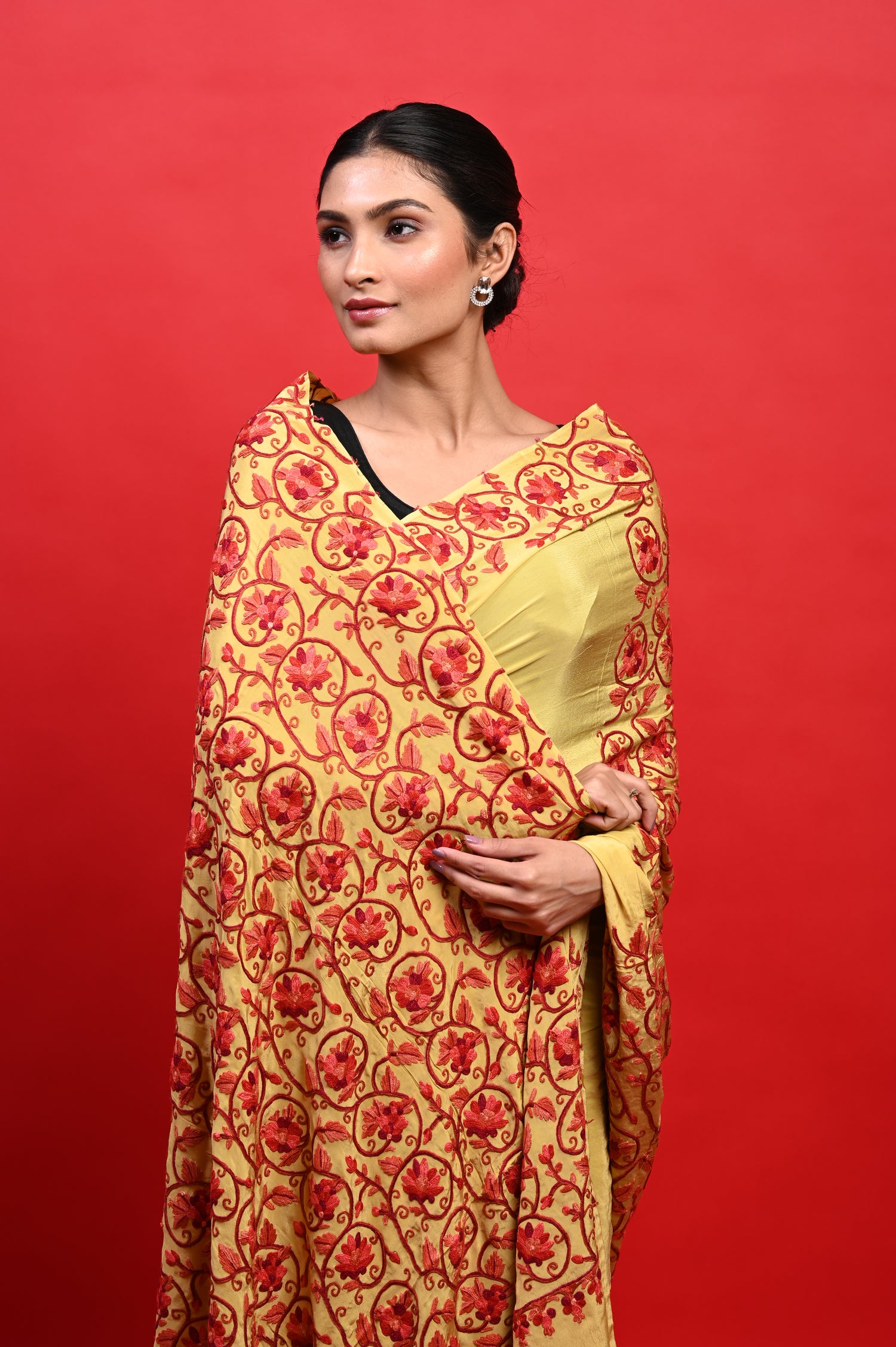Pure Crepe Chinon Silk Aari Embriodery Kashmiri Saree