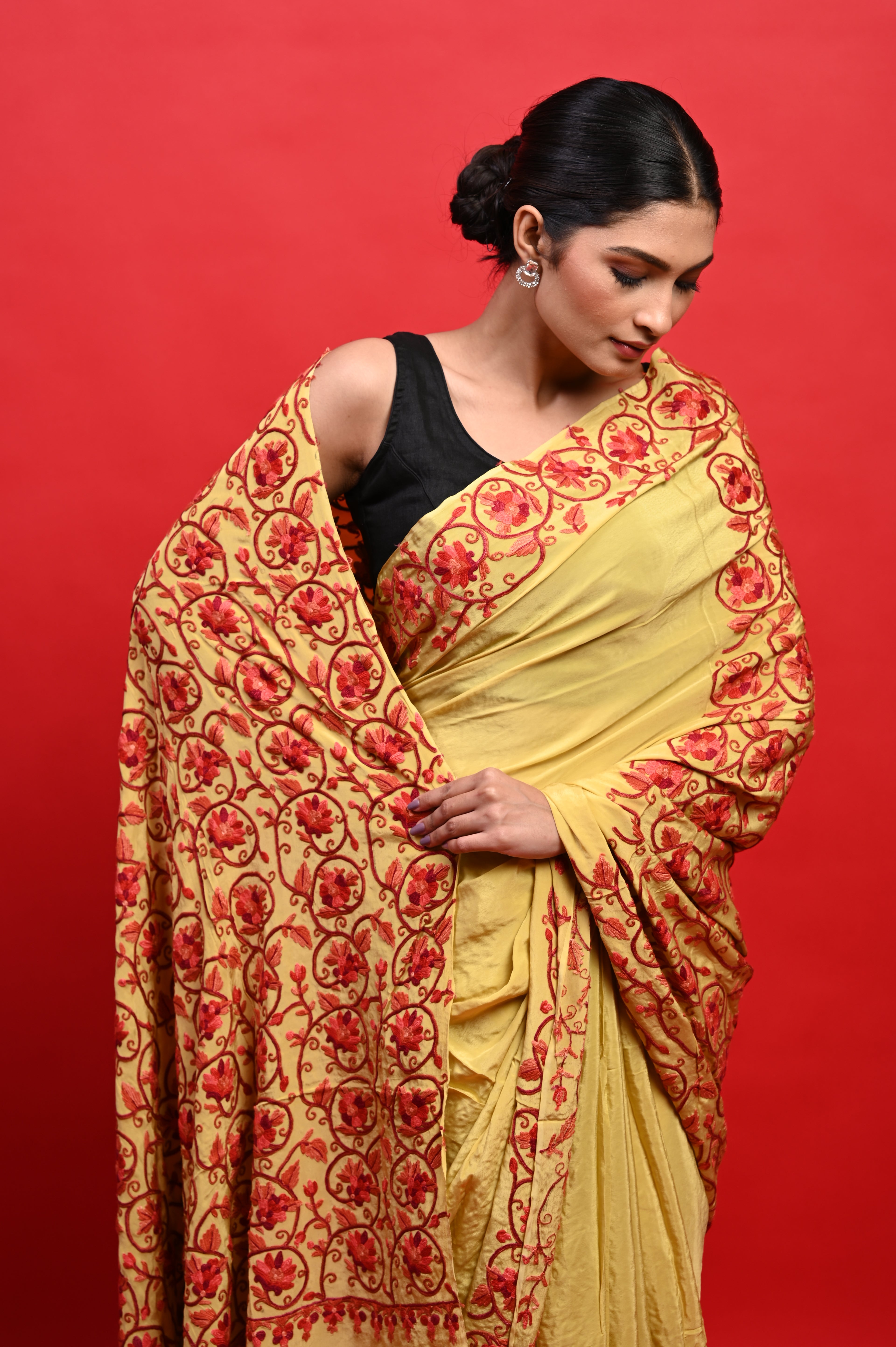 Pure Crepe Chinon Silk Aari Embriodery Kashmiri Saree