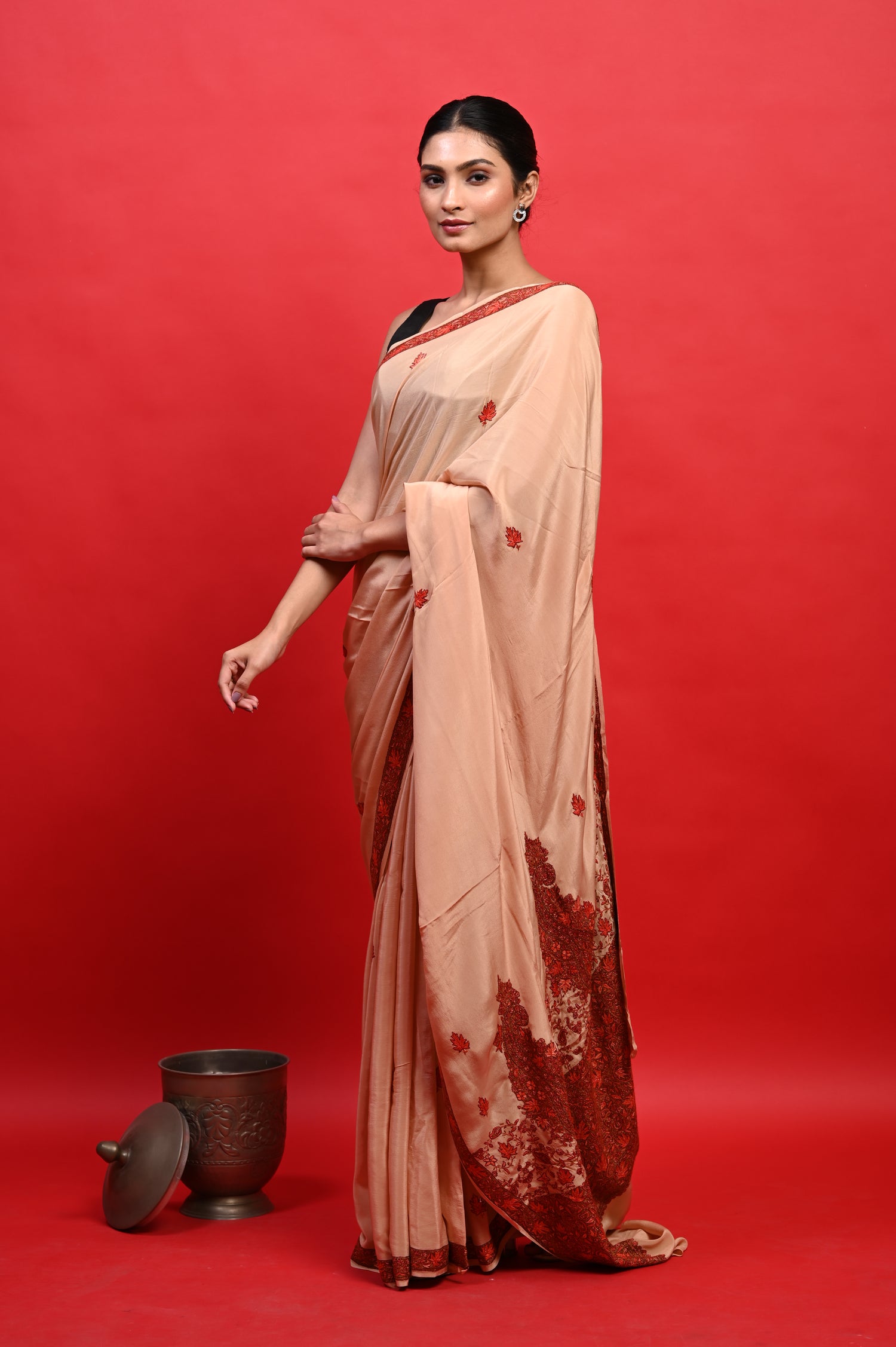 Pure Crepe Chinon Silk Sozni Work Hand Embroidered Kashmiri Saree