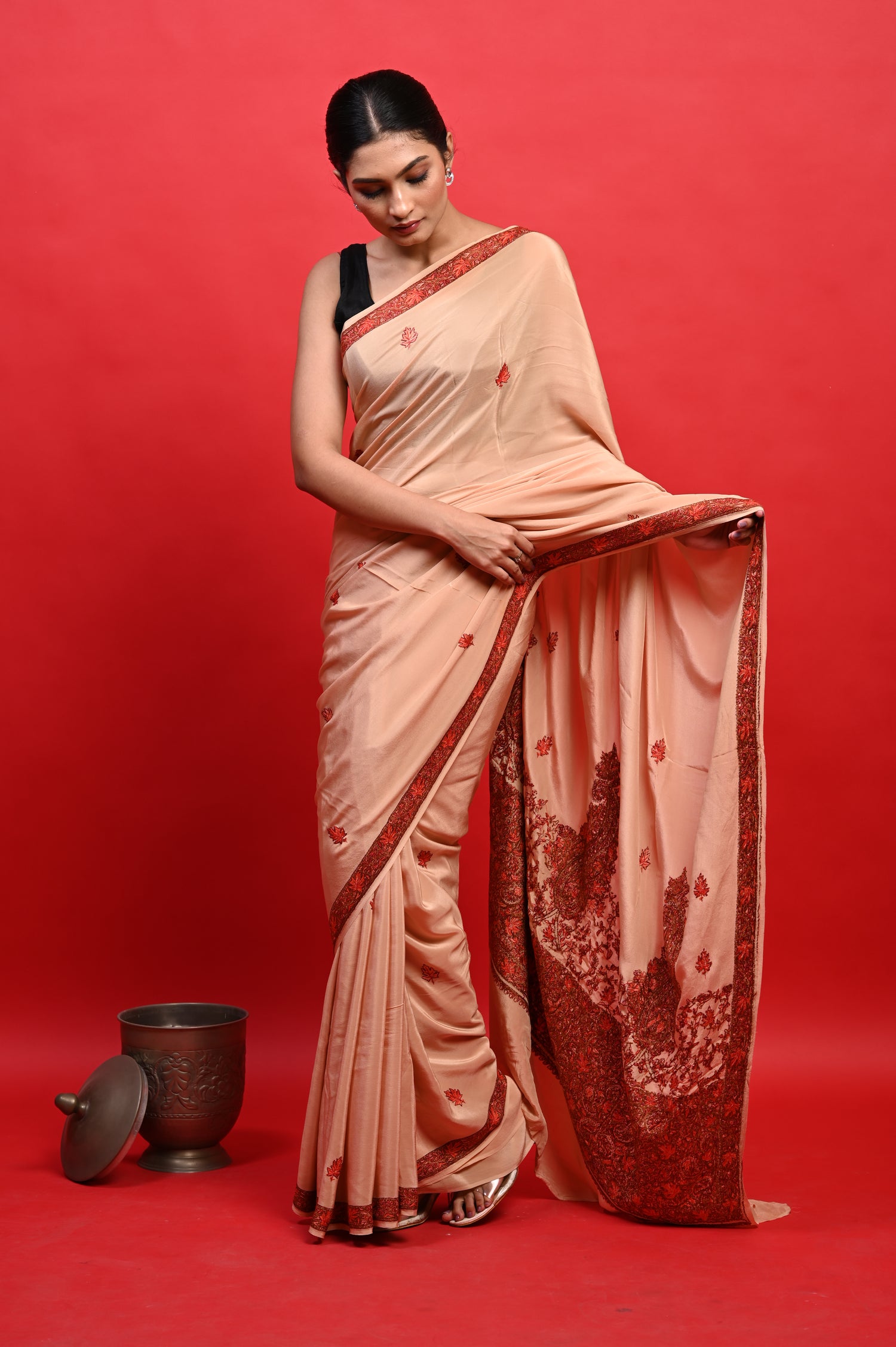 Pure Crepe Chinon Silk Sozni Work Hand Embroidered Kashmiri Saree