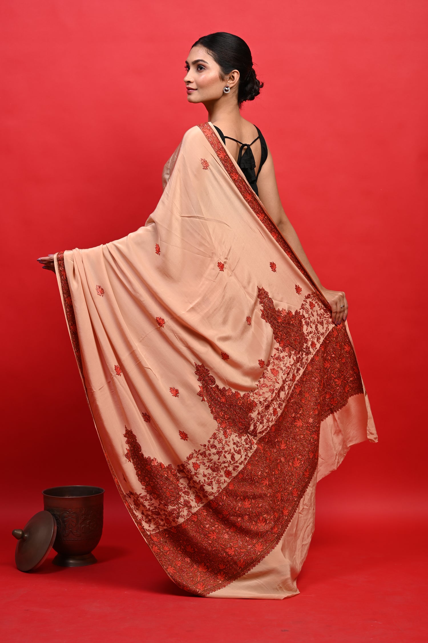Pure Crepe Chinon Silk Sozni Work Hand Embroidered Kashmiri Saree
