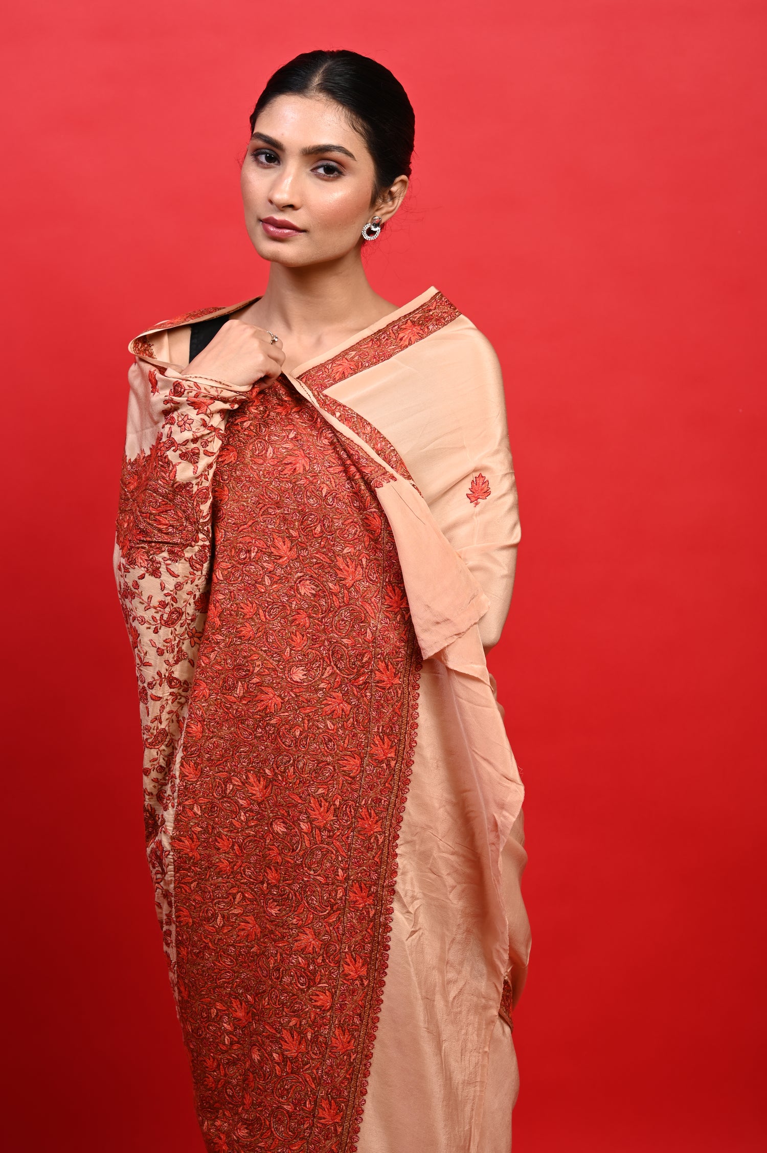 Pure Crepe Chinon Silk Sozni Work Hand Embroidered Kashmiri Saree