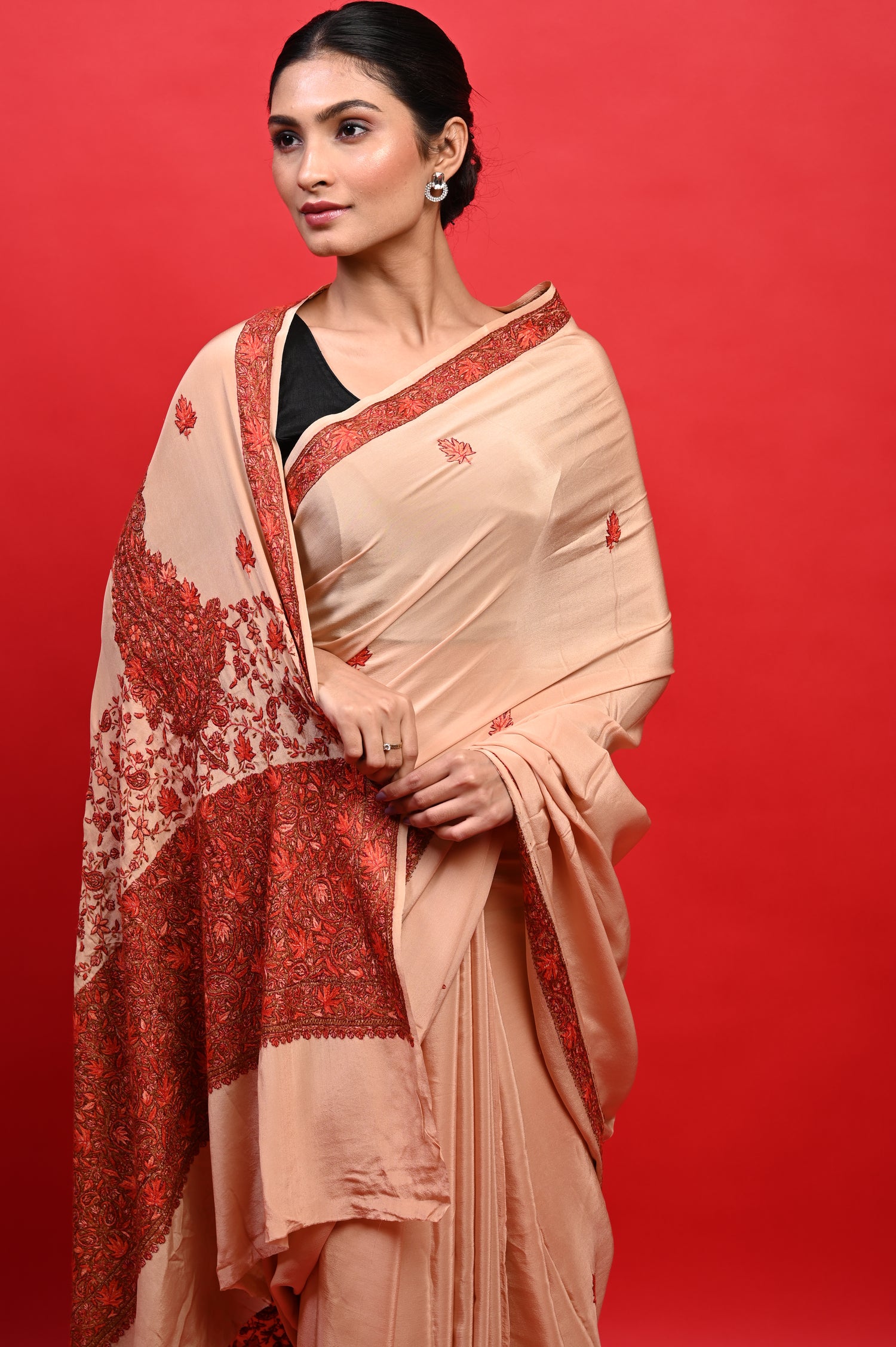Pure Crepe Chinon Silk Sozni Work Hand Embroidered Kashmiri Saree