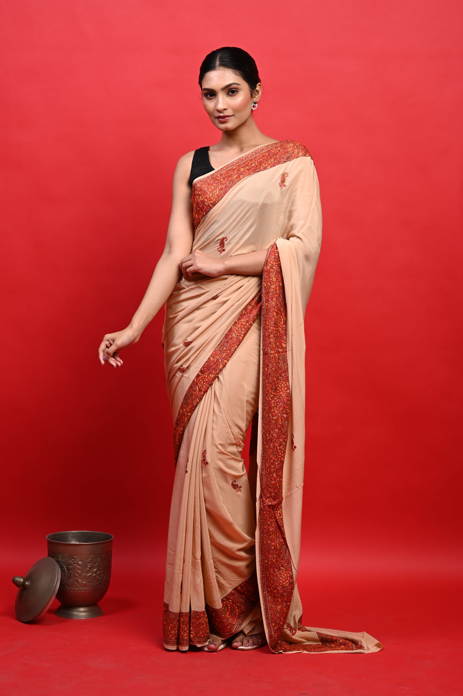 Pure Crepe Chinon Silk Sozni Work Hand Embroidered Kashmiri Saree