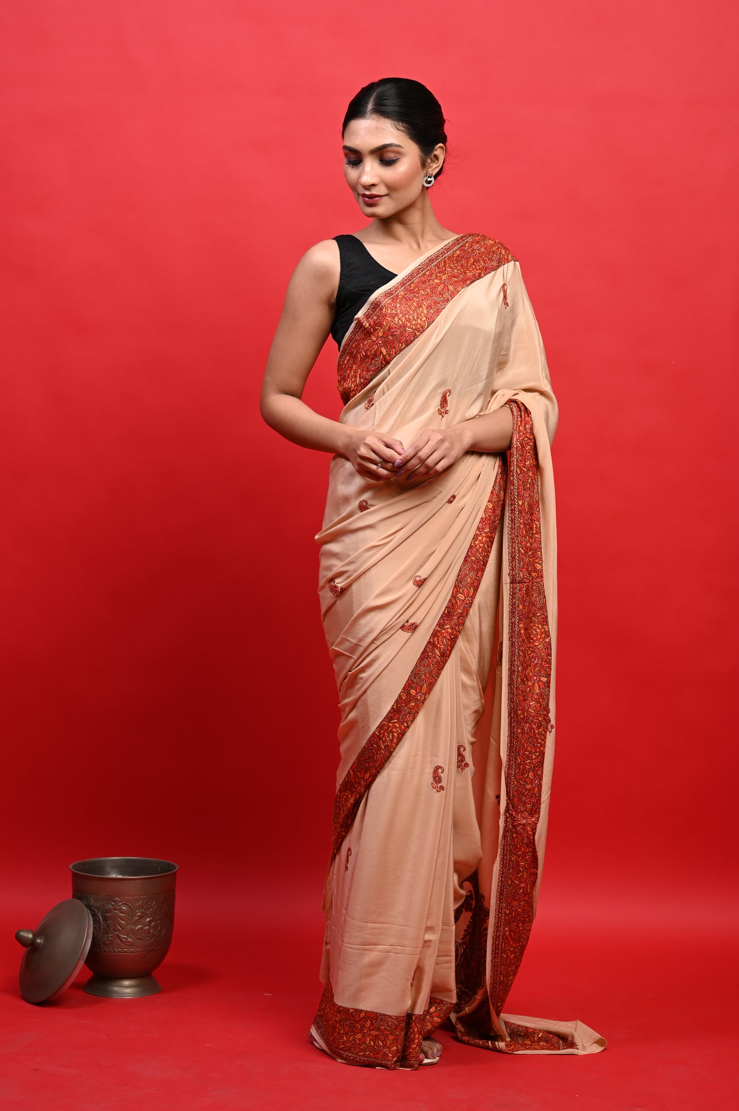 Pure Crepe Chinon Silk Sozni Work Hand Embroidered Kashmiri Saree