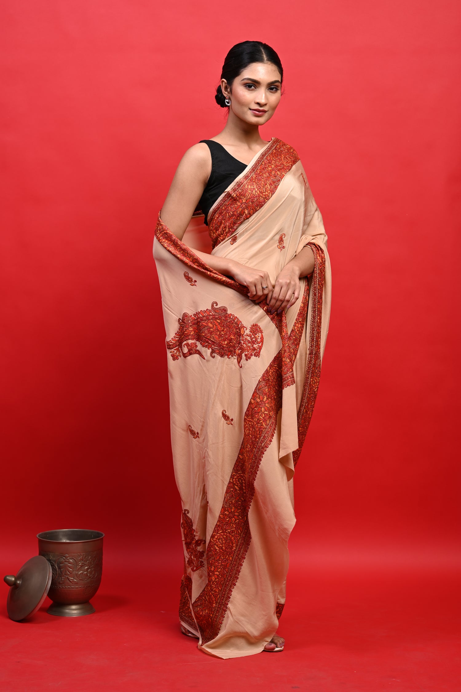 Pure Crepe Chinon Silk Sozni Work Hand Embroidered Kashmiri Saree