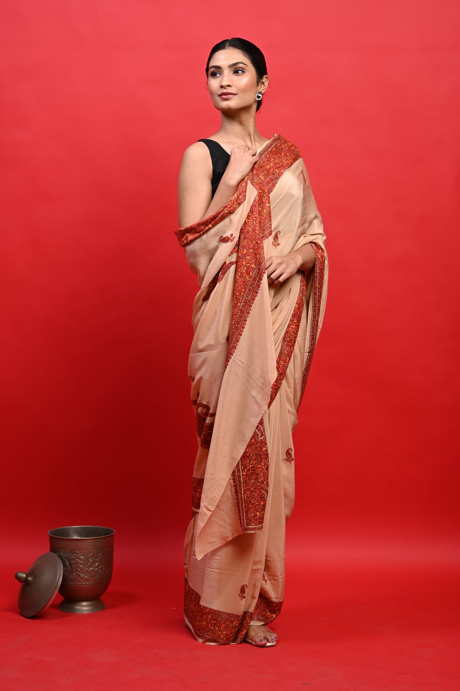 Pure Crepe Chinon Silk Sozni Work Hand Embroidered Kashmiri Saree