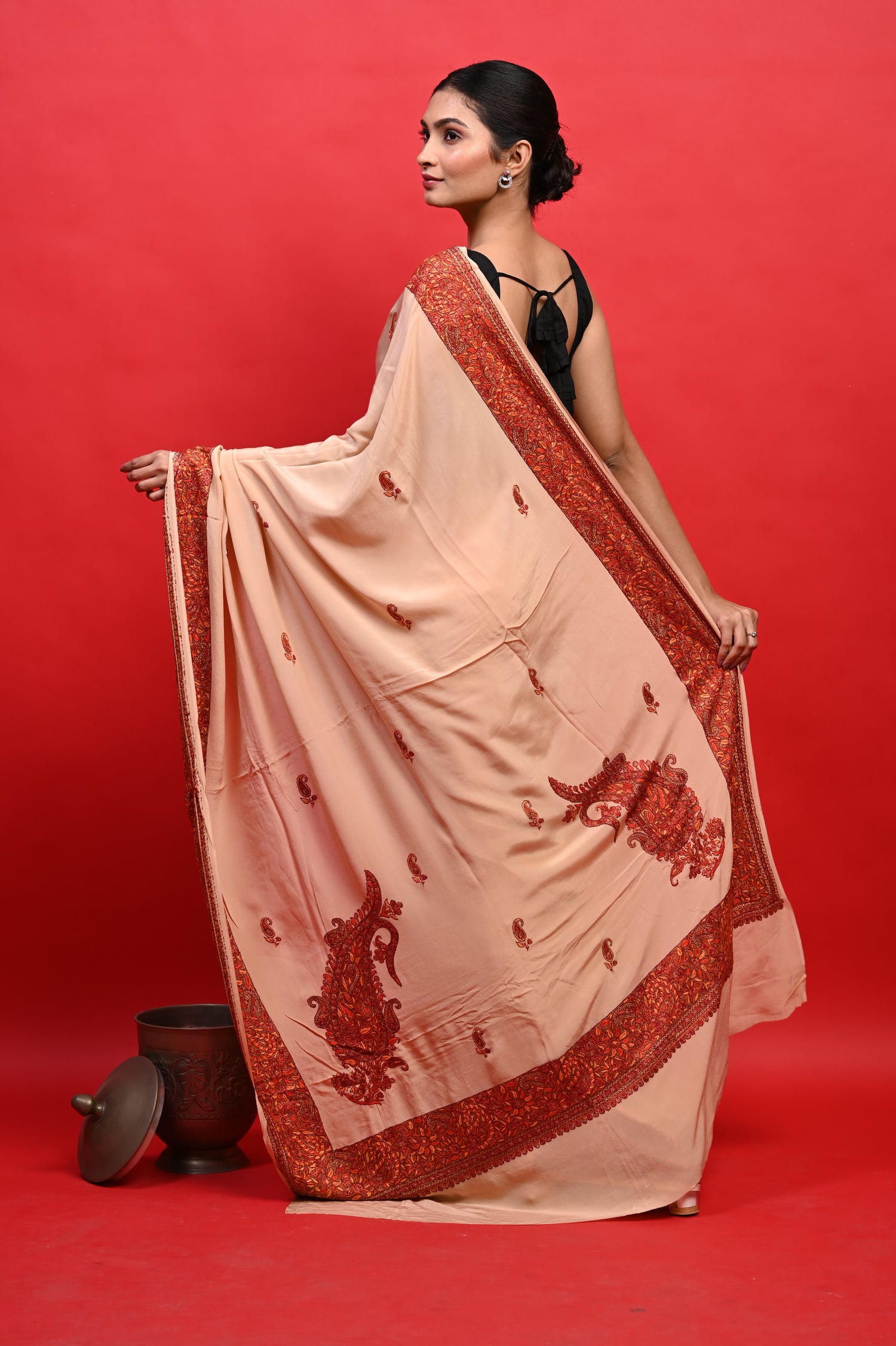 Pure Crepe Chinon Silk Sozni Work Hand Embroidered Kashmiri Saree
