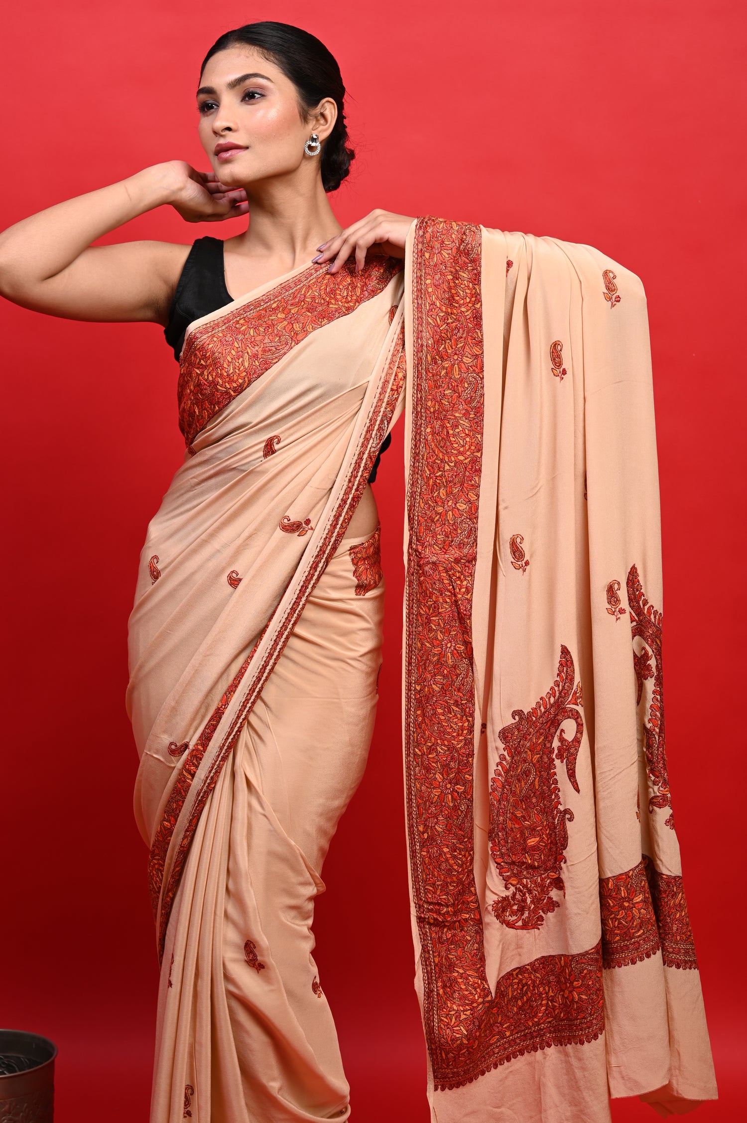 Pure Crepe Chinon Silk Sozni Work Hand Embroidered Kashmiri Saree