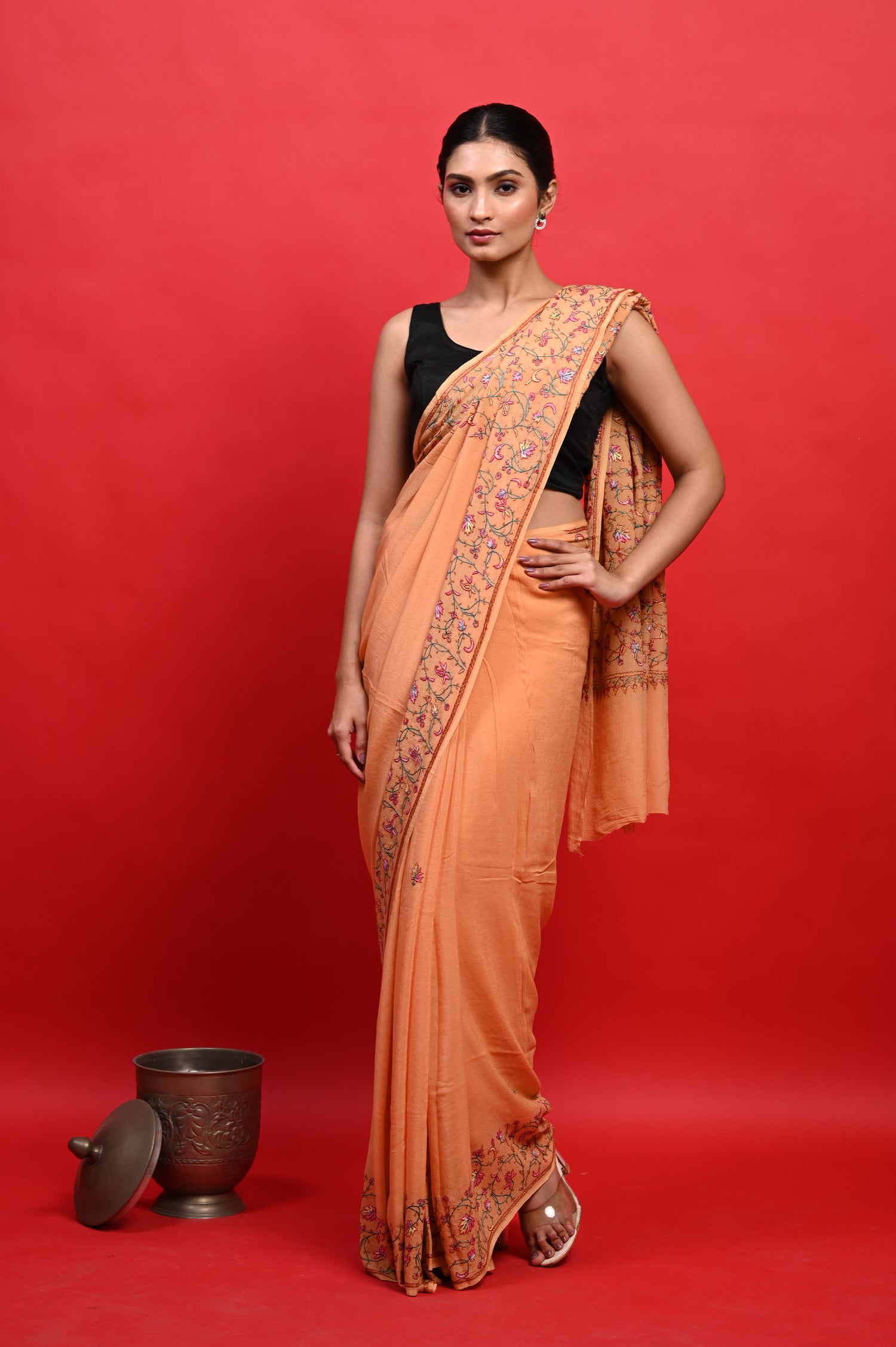 Pure Crepe Chinon Silk Sozni Work Hand Embroidered Kashmiri Saree